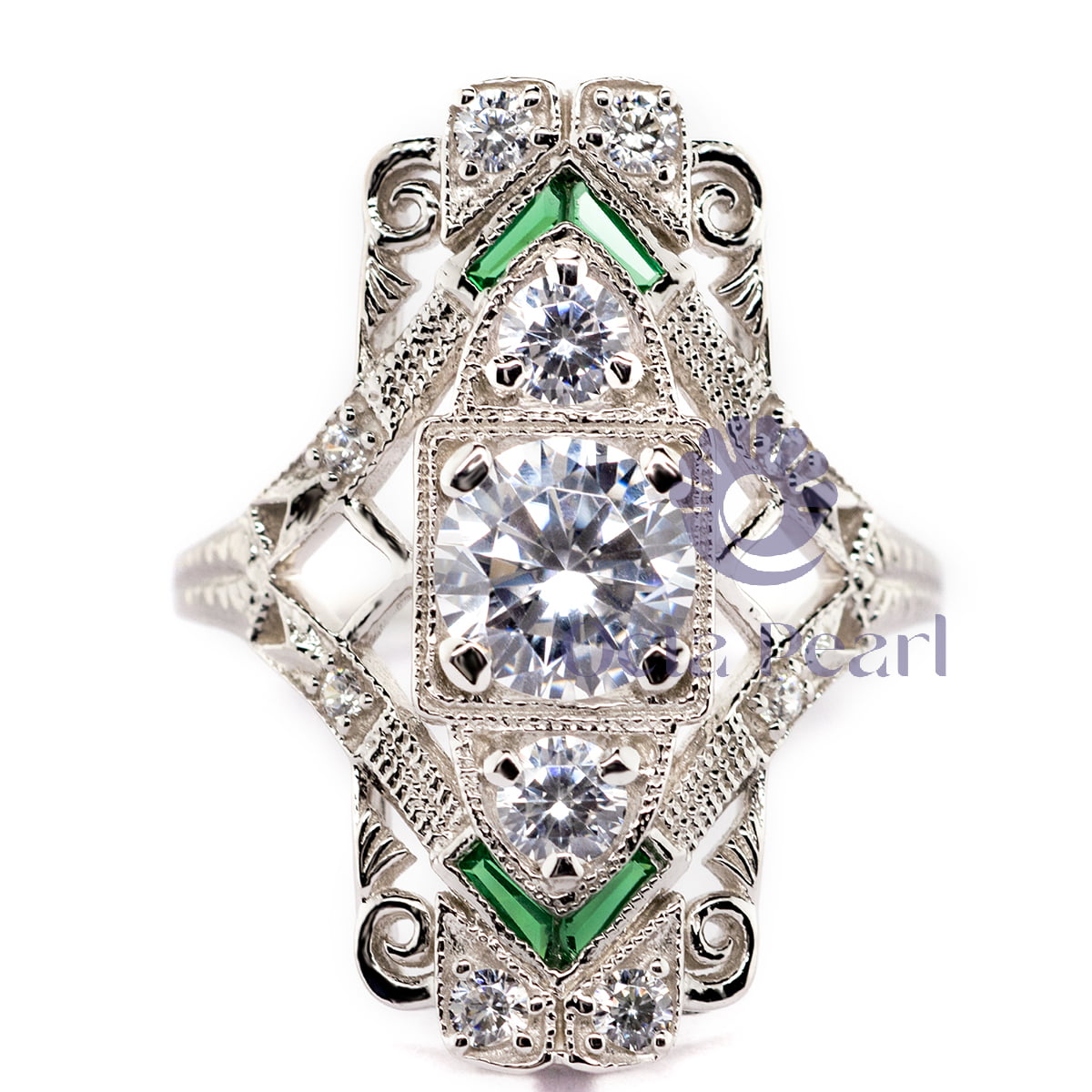 Round With Green Baguette Cut Milgrain Bezel Set Openwork Antique Art Deco Women's Ring