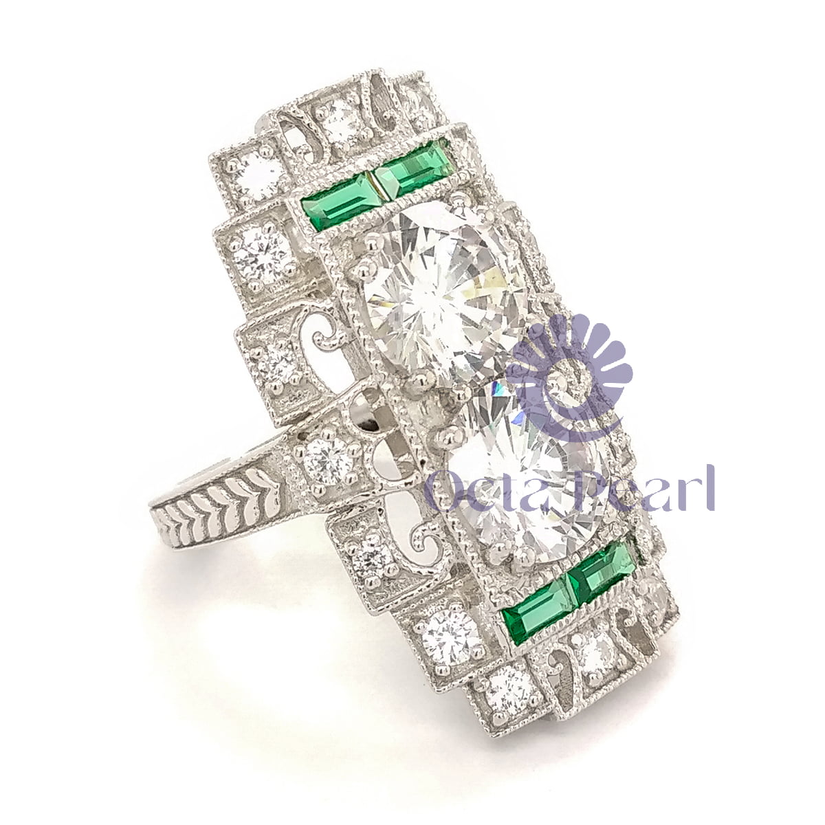 Round & Green Baguette Cut CZ Stone Art Deco Vintage Dinner Ring For Any Occasion (6 2/7 TCW)