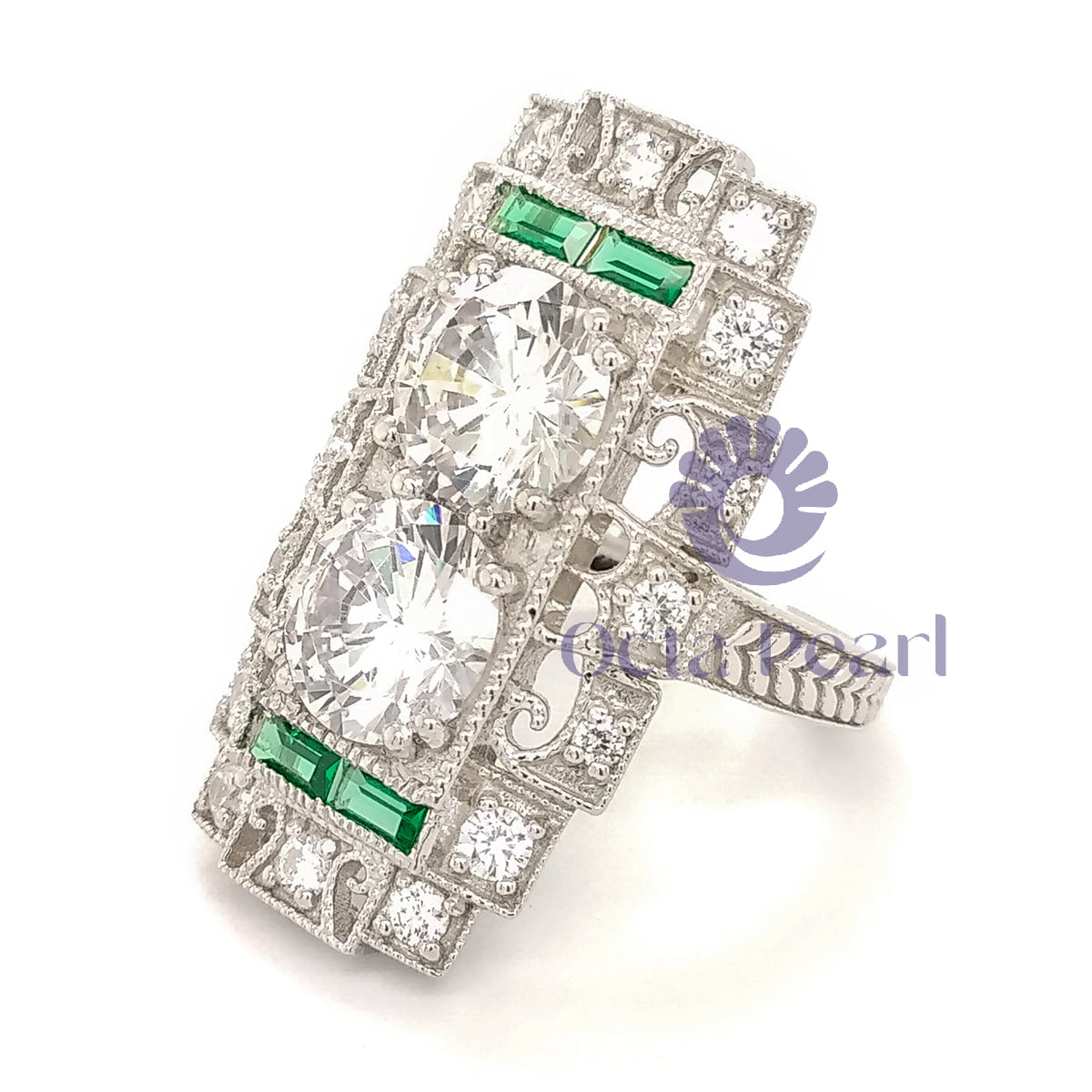 Round & Green Baguette Cut CZ Stone Art Deco Vintage Dinner Ring For Any Occasion (6 2/7 TCW)