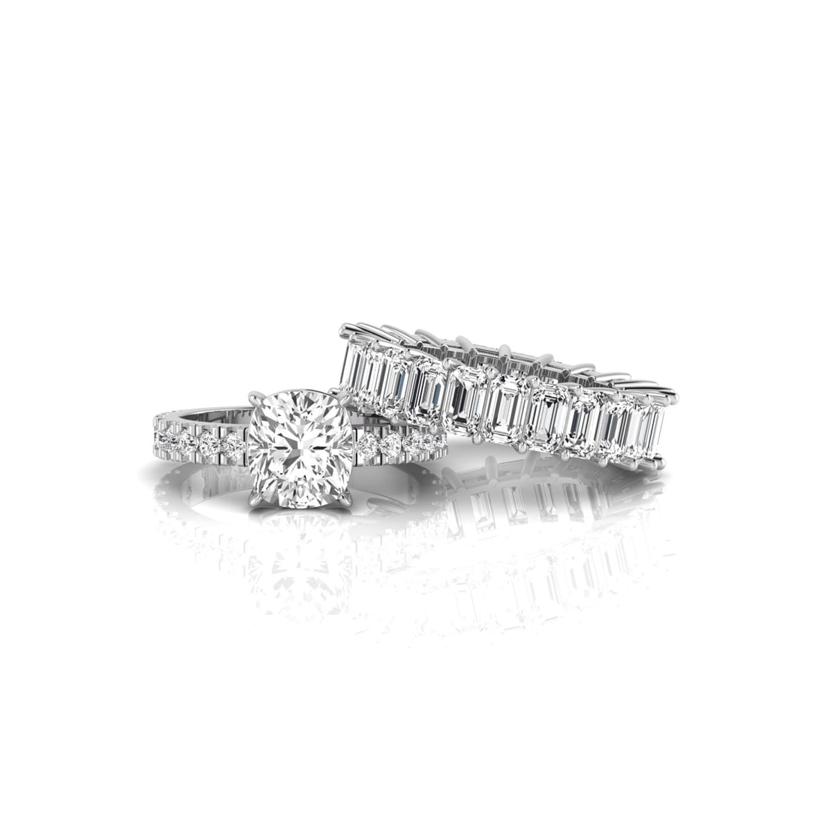 Cushion Cut CZ Stone Engagement Ring With Emerald Cut Eternity Wedding Band Bridal Ring Set