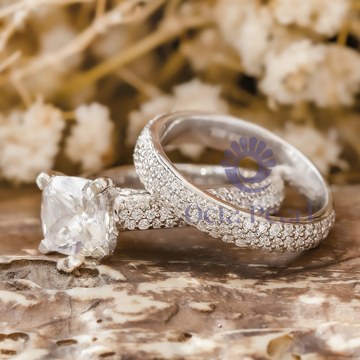 Cushion & Round Cut Moissanite Prong & Pave Setting Bridal Ring Set