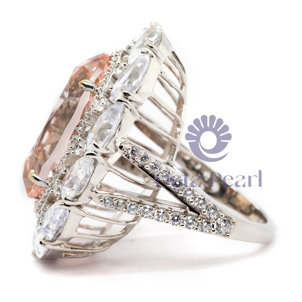 925 Silver Orangy Pink Oval & White Pear Cut CZ Stone Halo Cocktail Ring For Women