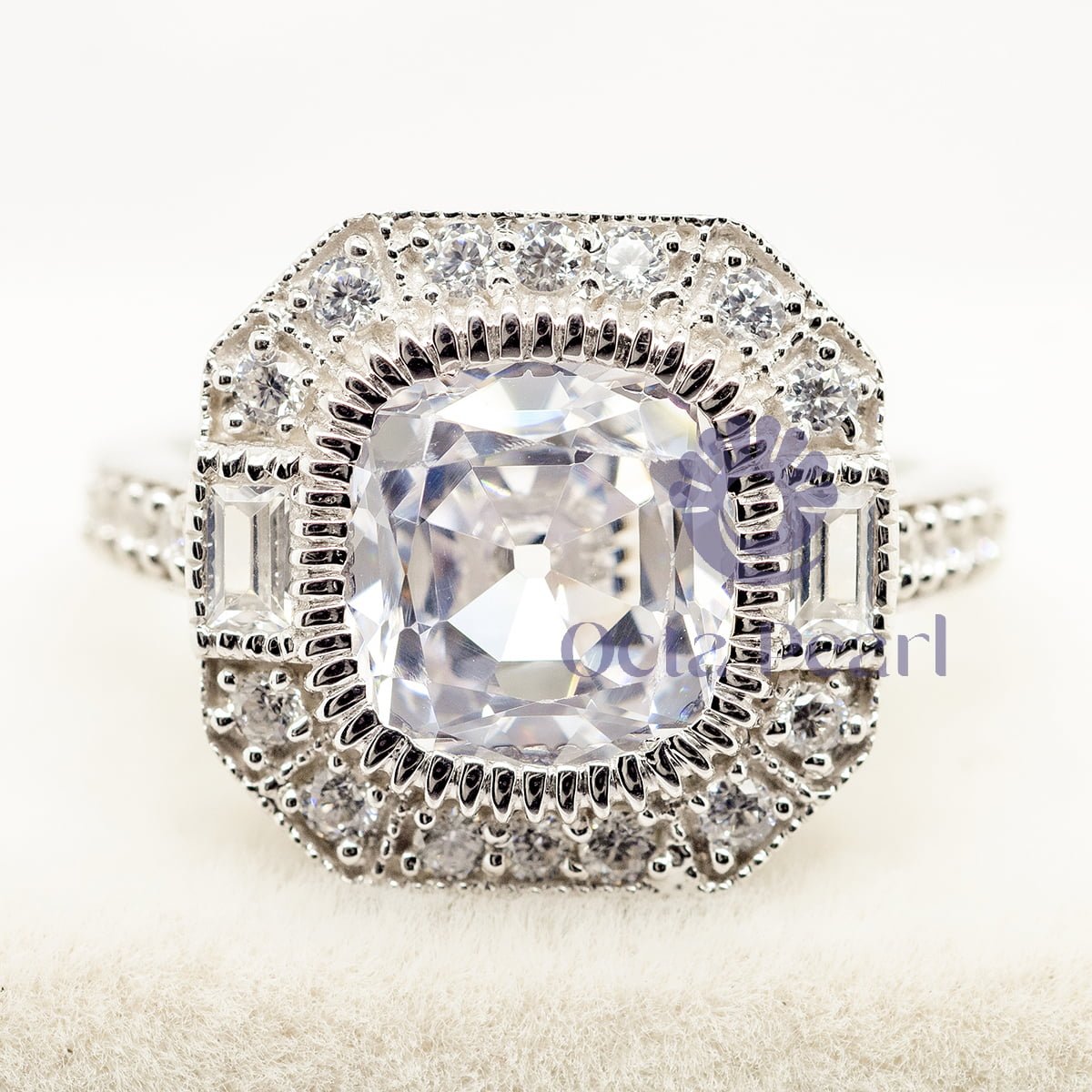Old Mine Cut & Baguette Cut CZ Stone Halo Vintage Engagement Ring (4 4/9 TCW)