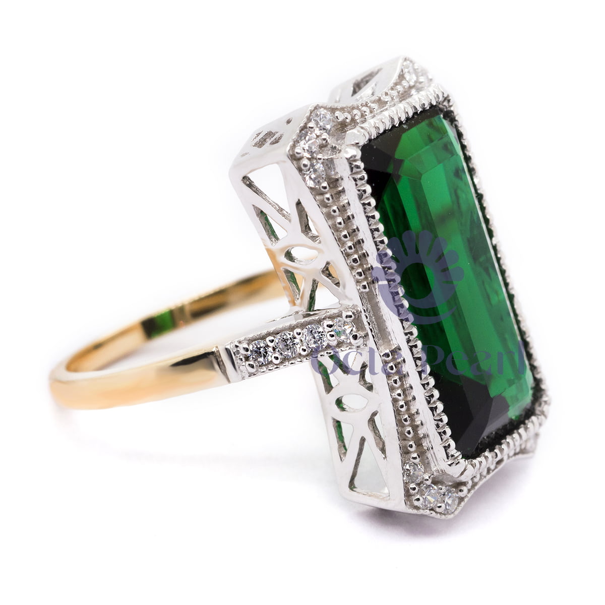 Green Emerald Cut CZ Stone Milgrain Bezel Set Two Tone Gold Vintage Ring