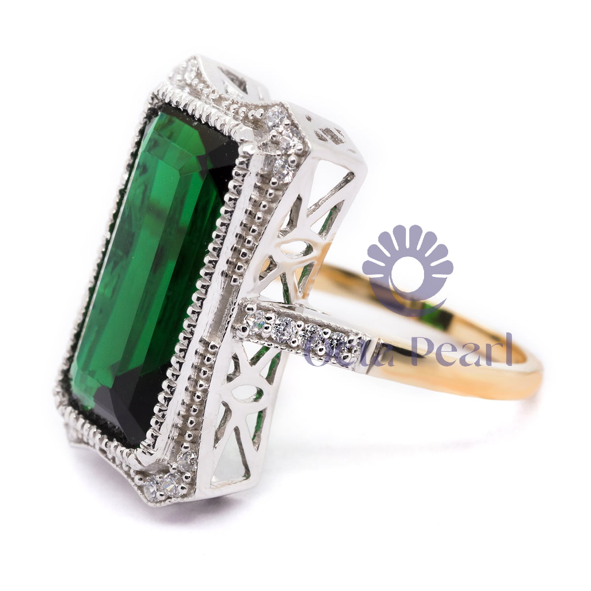 Green Emerald Cut CZ Stone Milgrain Bezel Set Two Tone Gold Vintage Ring