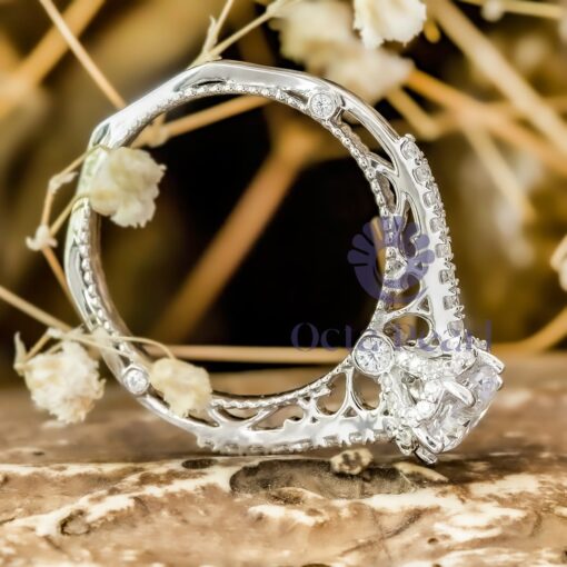 Round Cut Moissanite Milgrain Wedding Engagement Ring