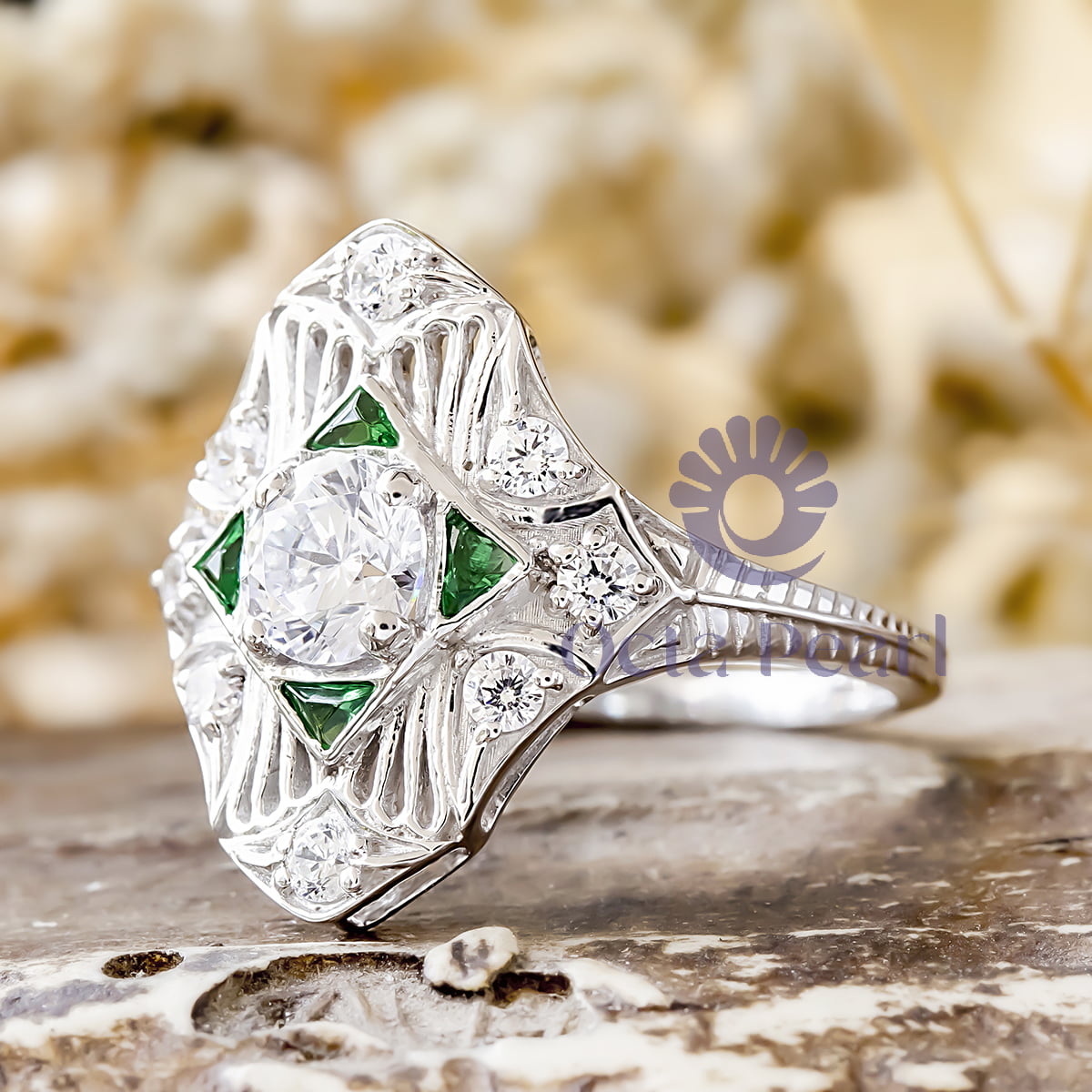 Round & Green Triangle Cut CZ Stone Openwork Vintage Navette Engagement Ring