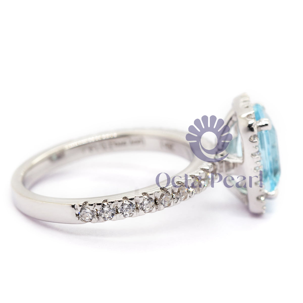 Aqua Emerald Cut CZ Gemstone Halo Delicate Wedding Promise Ring (2 1/50 TCW)