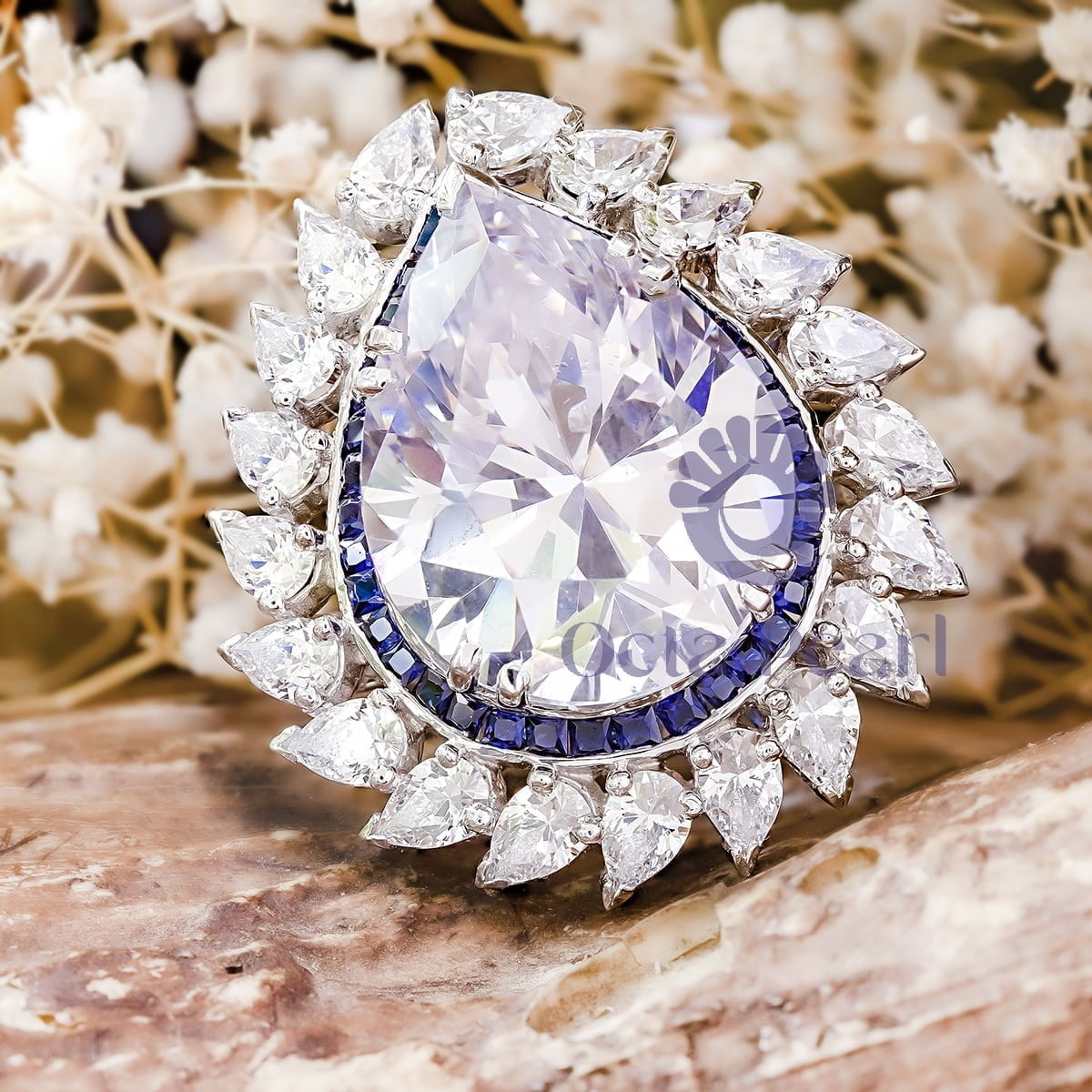 Huge Pear With Blue Sapphire Baguette Cut CZ Stone Halo Cocktail Ring For Party Wear