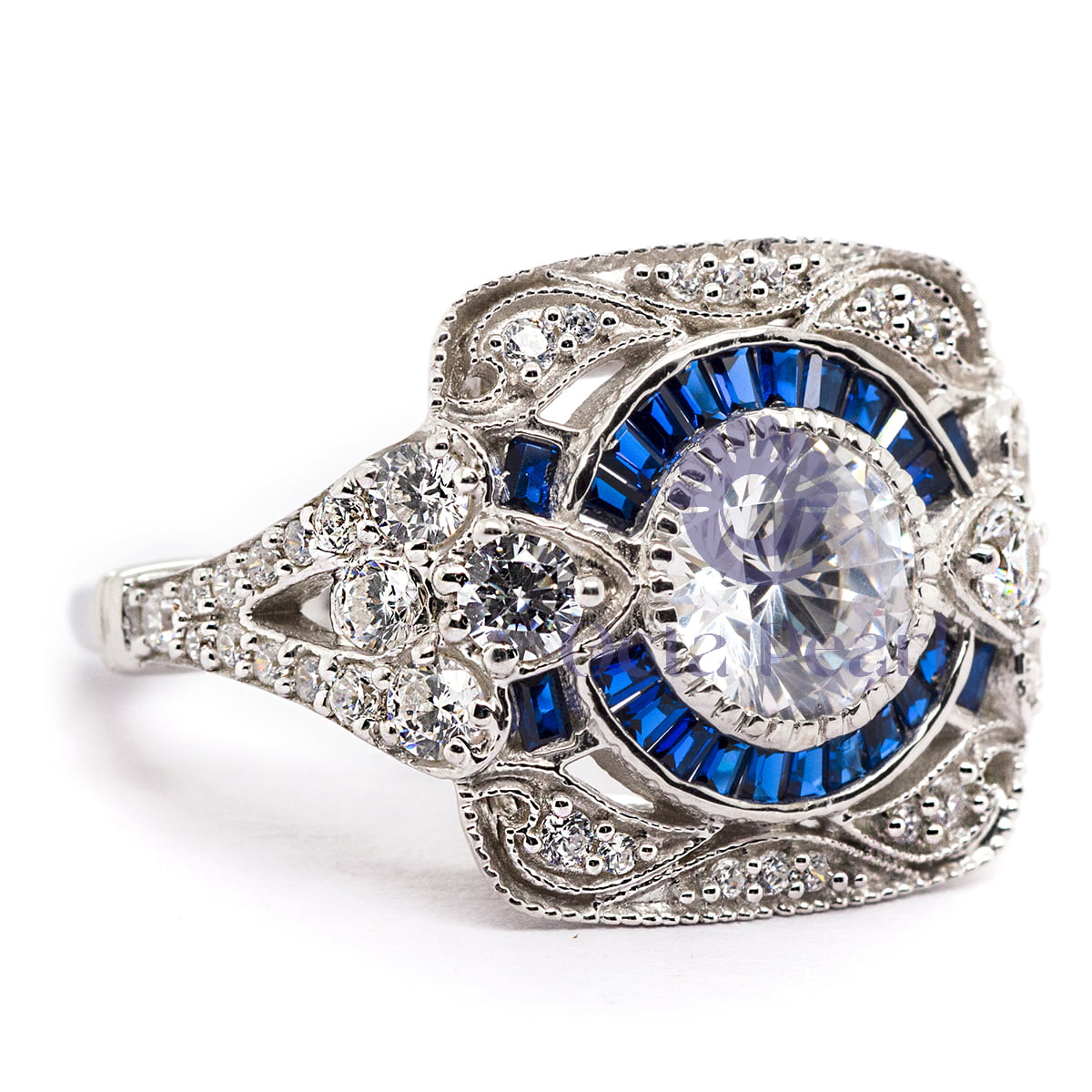 Round & Blue Sapphire Baguette Cut CZ Stone Milgrain Art Deco Vintage Ring