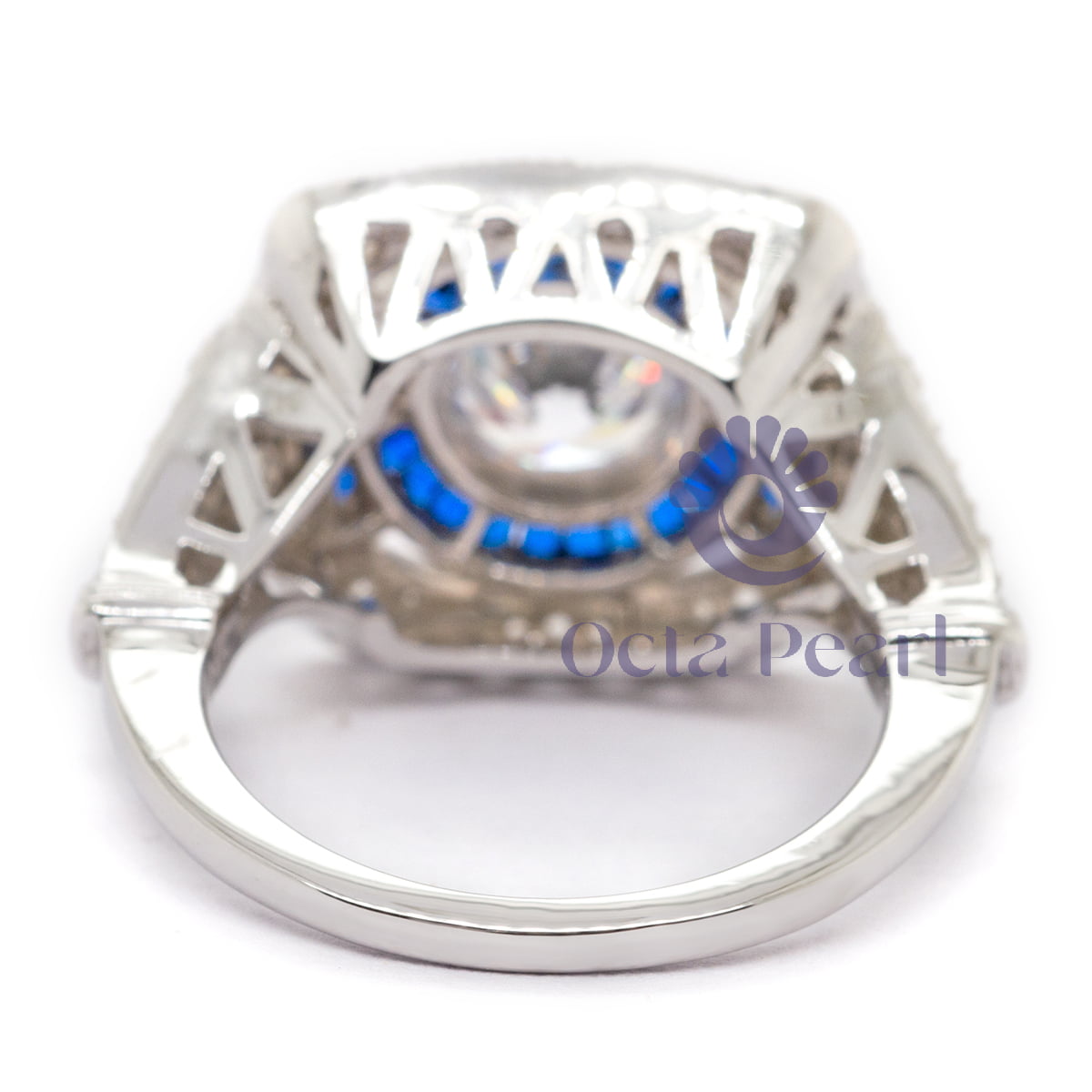 Round & Blue Sapphire Baguette Cut CZ Stone Milgrain Art Deco Vintage Ring