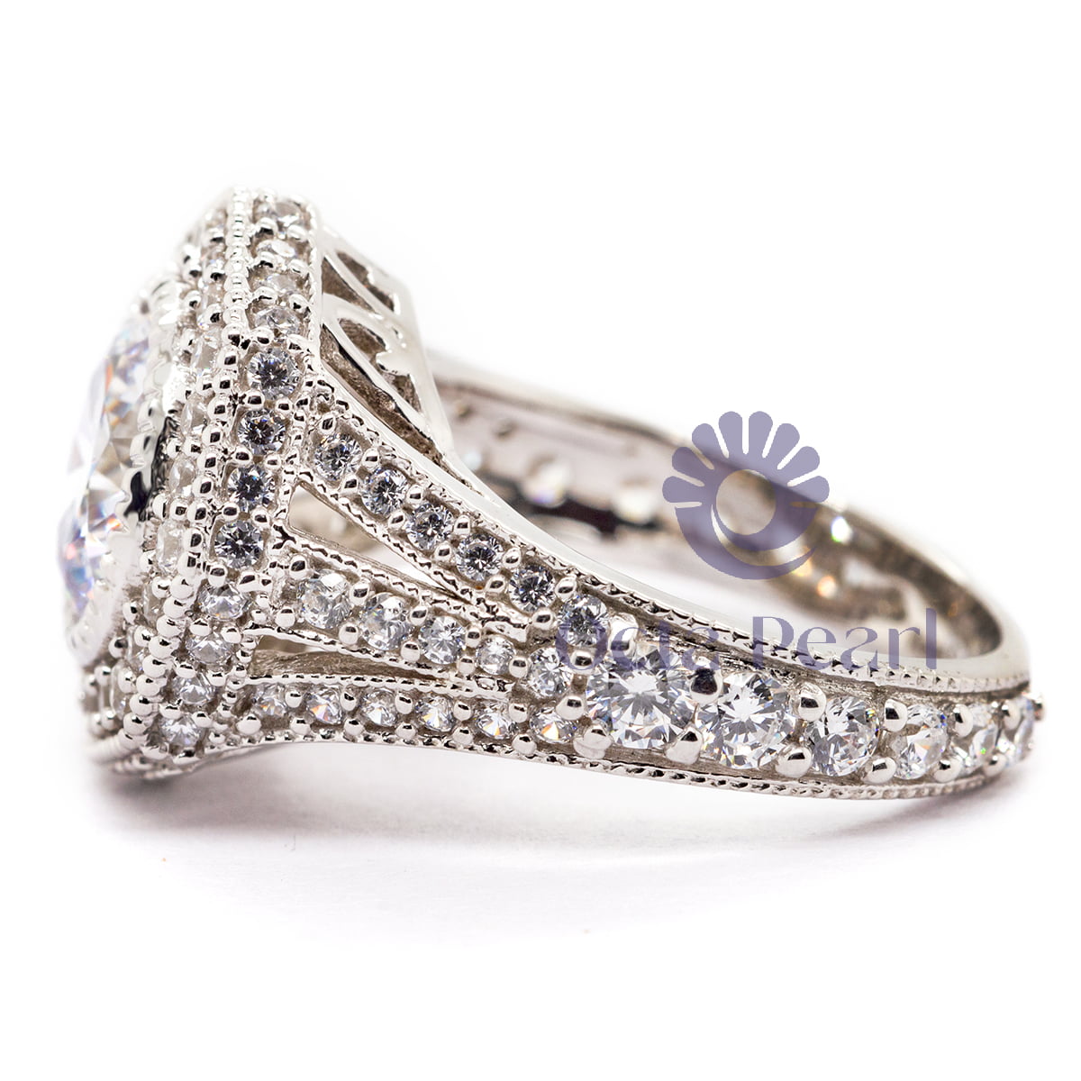 Art Deco Octagon Shape Halo Milgrain Wedding Ring