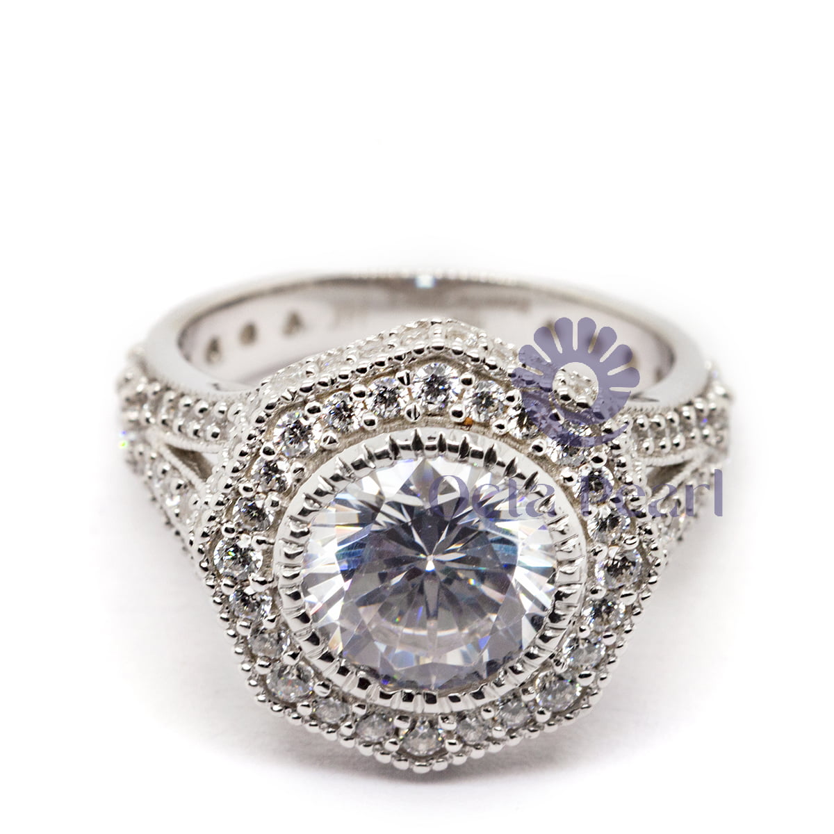 Round Cut Moissanite Octagon Shape Halo Milgrain Art Deco Wedding Ring ( 3 19/20 TCW)