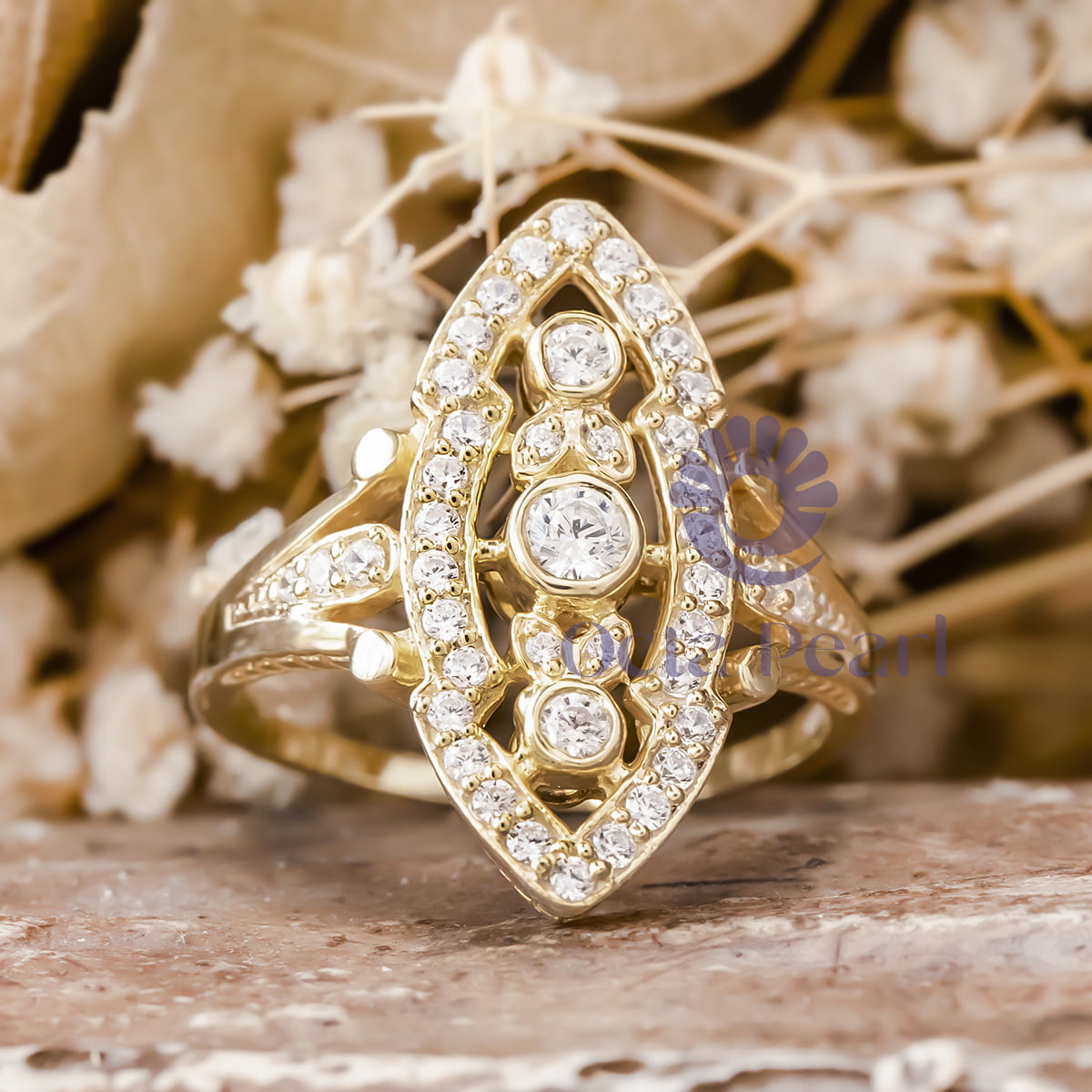 Art Deco inspired Gold Navette Engagement Ring