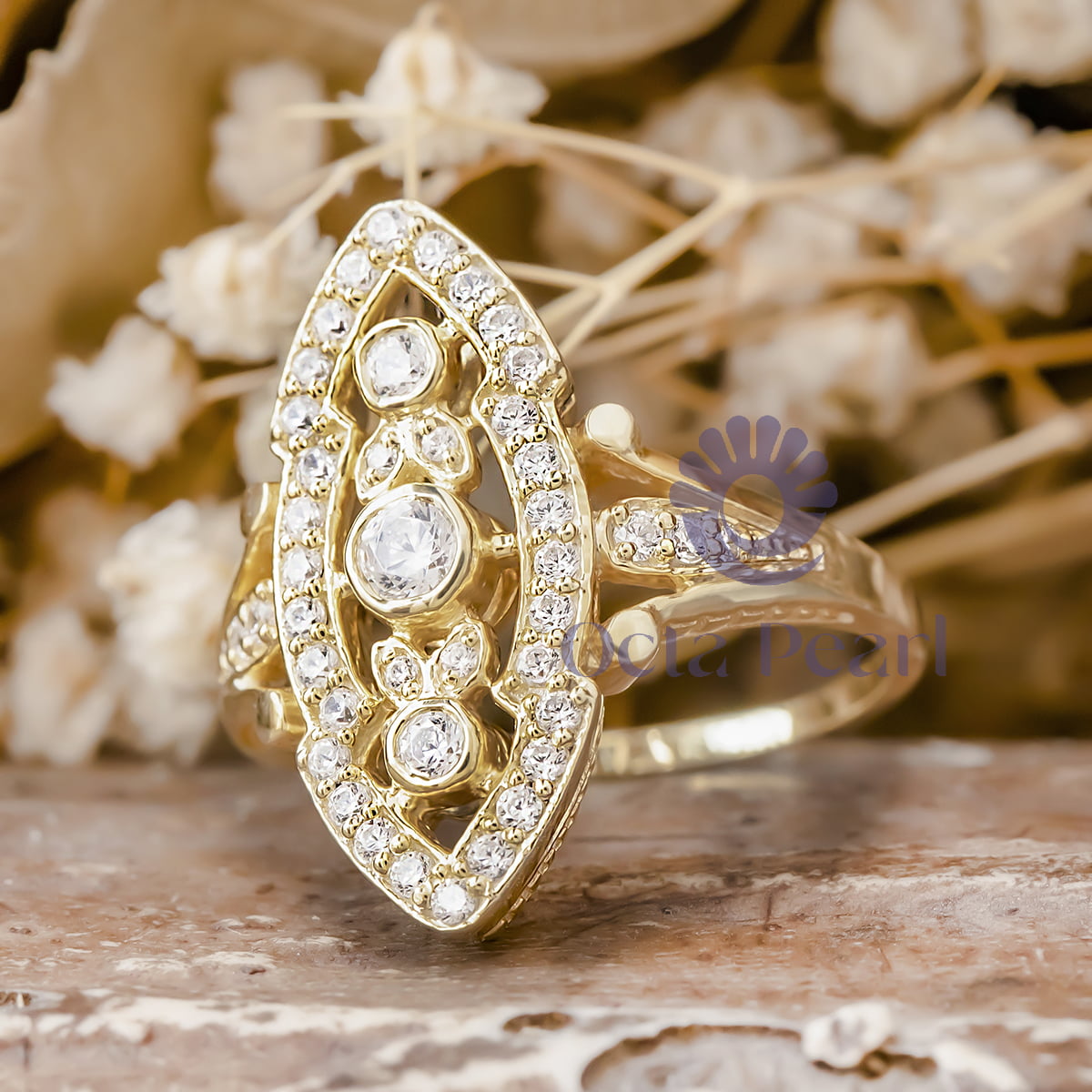 Art Deco inspired Gold Navette Engagement Ring