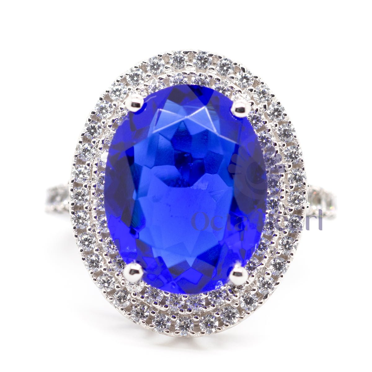 Attractive Blue Sapphire Oval Cut CZ Stone Double Halo Engagement Ring (10 1/2 TCW)