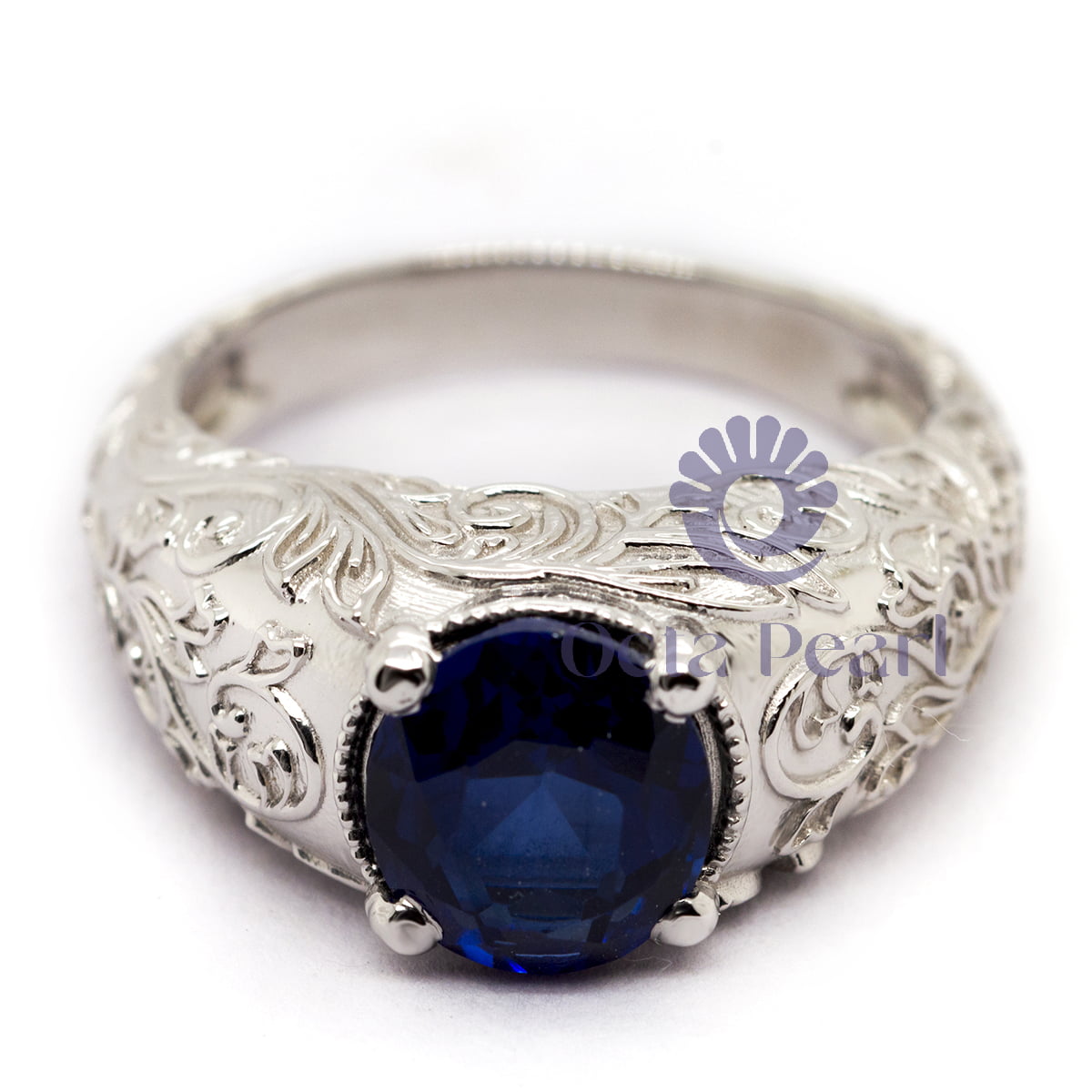 Art Deco Blue Sapphire CZ Wedding Ring with Engraved Shank & Filigree