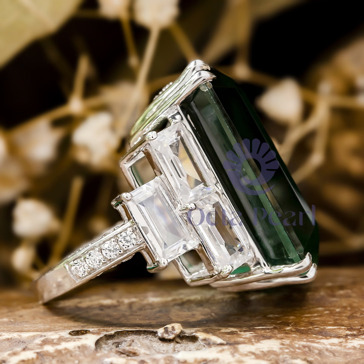 Green Emerald & White Baguette Cut CZ Seven Stone Cocktail Wedding Ring