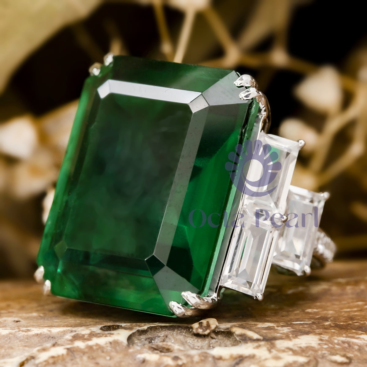 Green Emerald & White Baguette Cut CZ Seven Stone Cocktail Wedding Ring