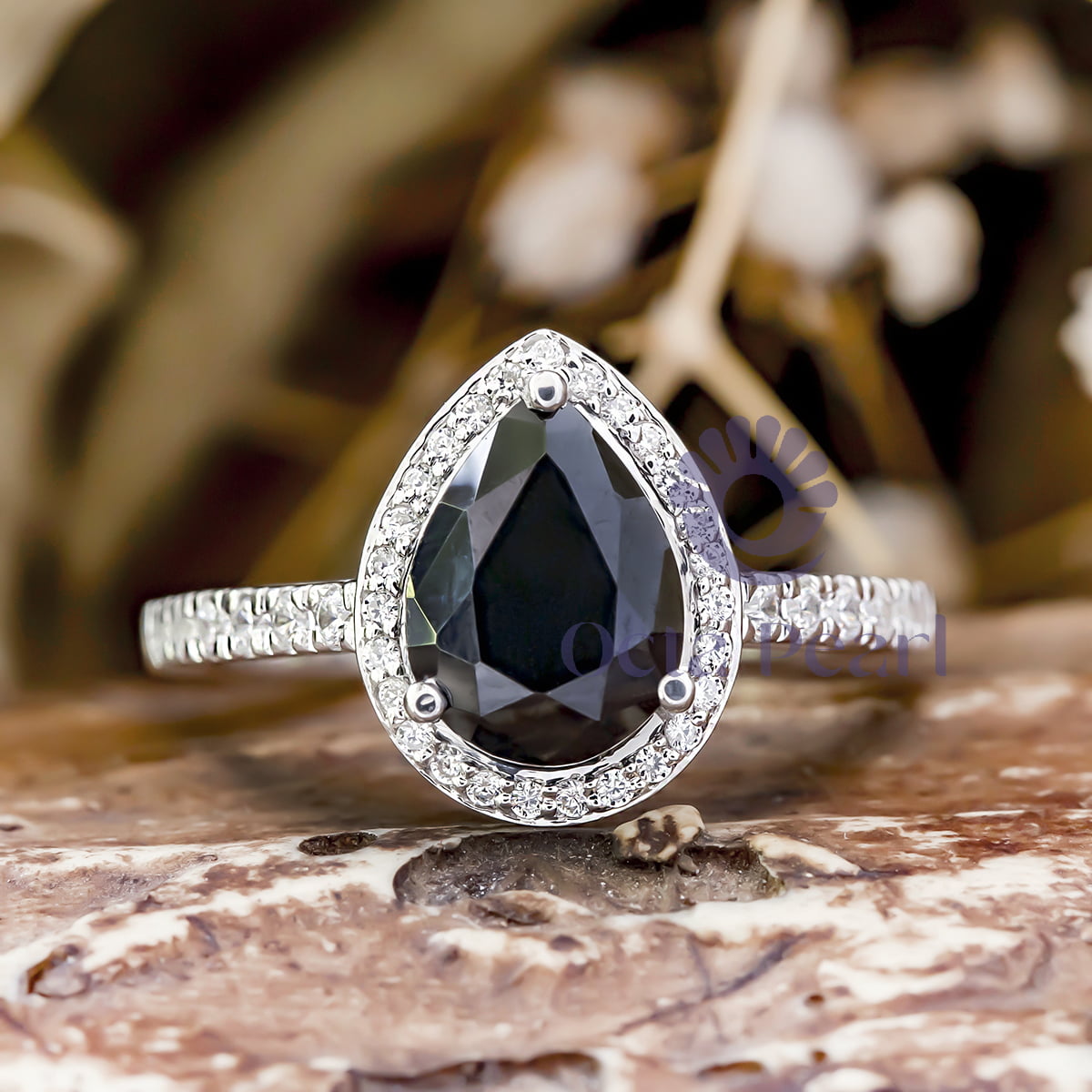 Black Pear Cut Cubic Zirconia Halo Engagement Wedding Ring For Women ( 2 1/10 TCW )