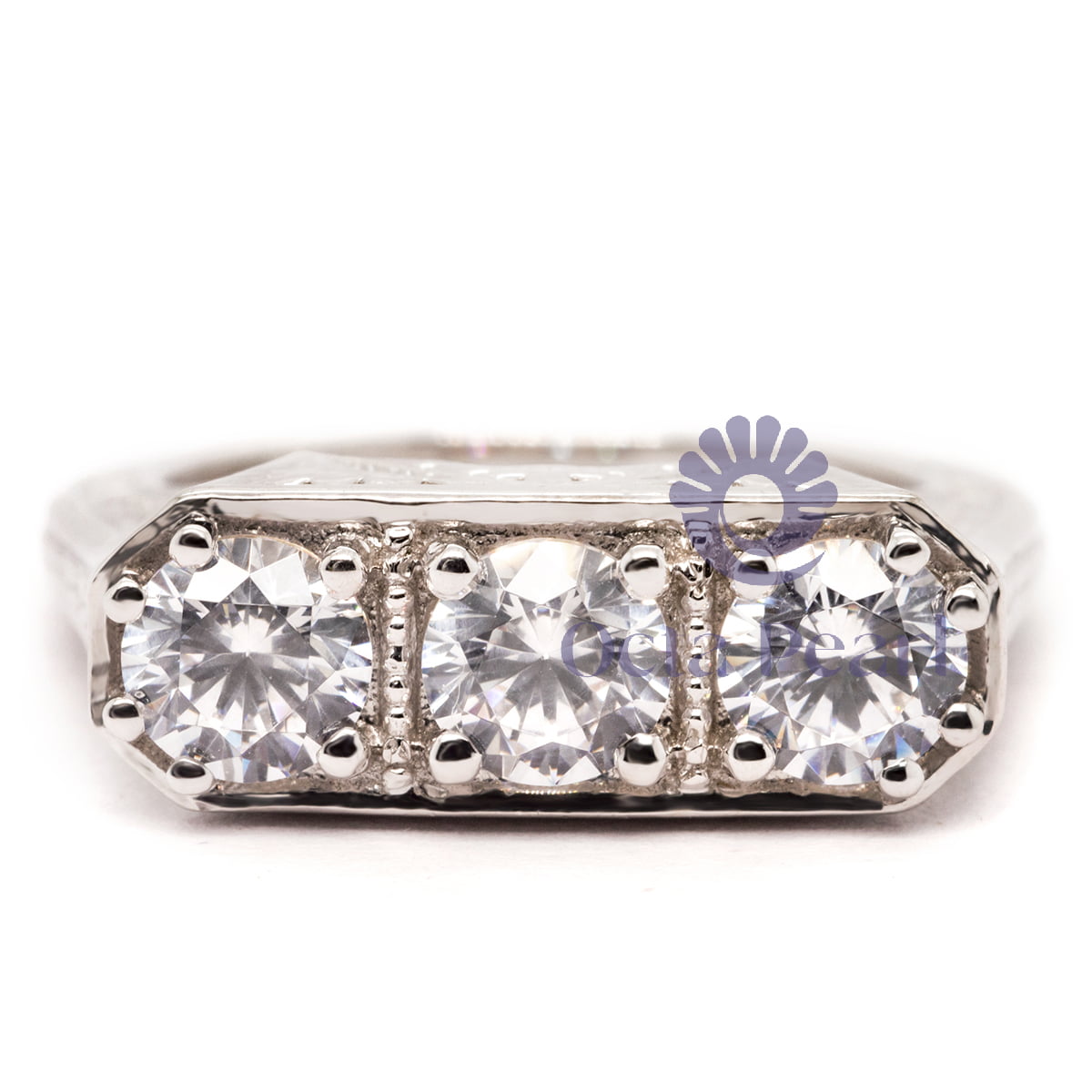 Art Deco inspired Vintage Engagement Ring with three Round Cut Moissanite