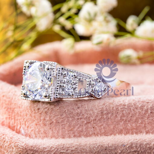 Round Cut Moissanite Seven Stone Milgrain Art Deco Vintage Engagement Ring