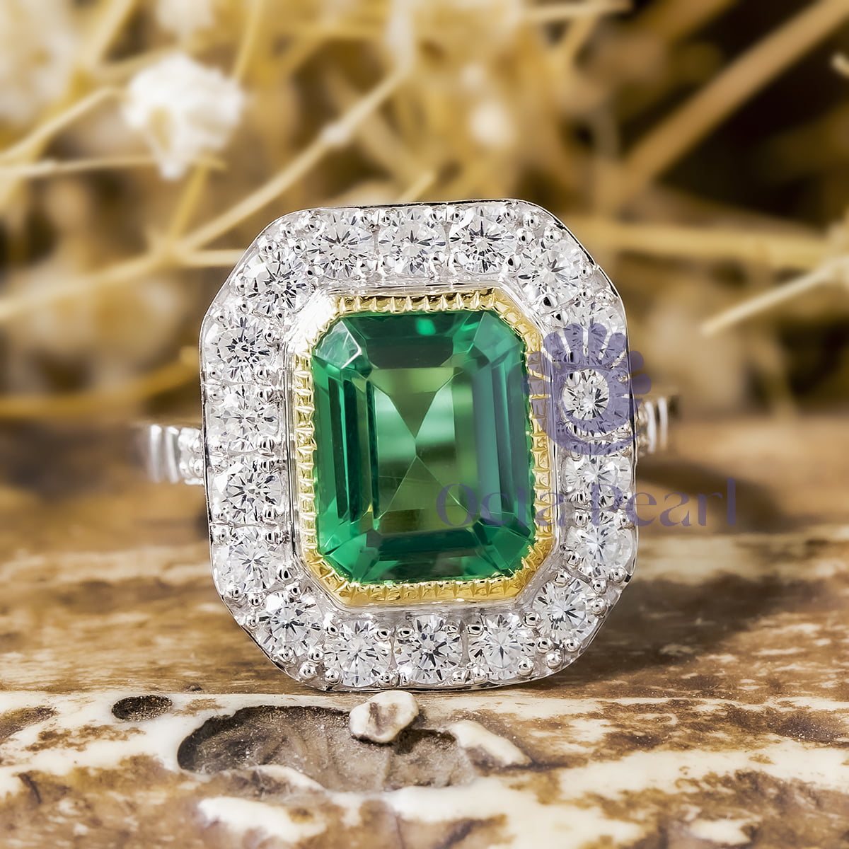 Green Emerald Cut CZ Stone Milgrain Bezel Set Halo Art Deco Wedding Ring ( 4 8/9 TCW )