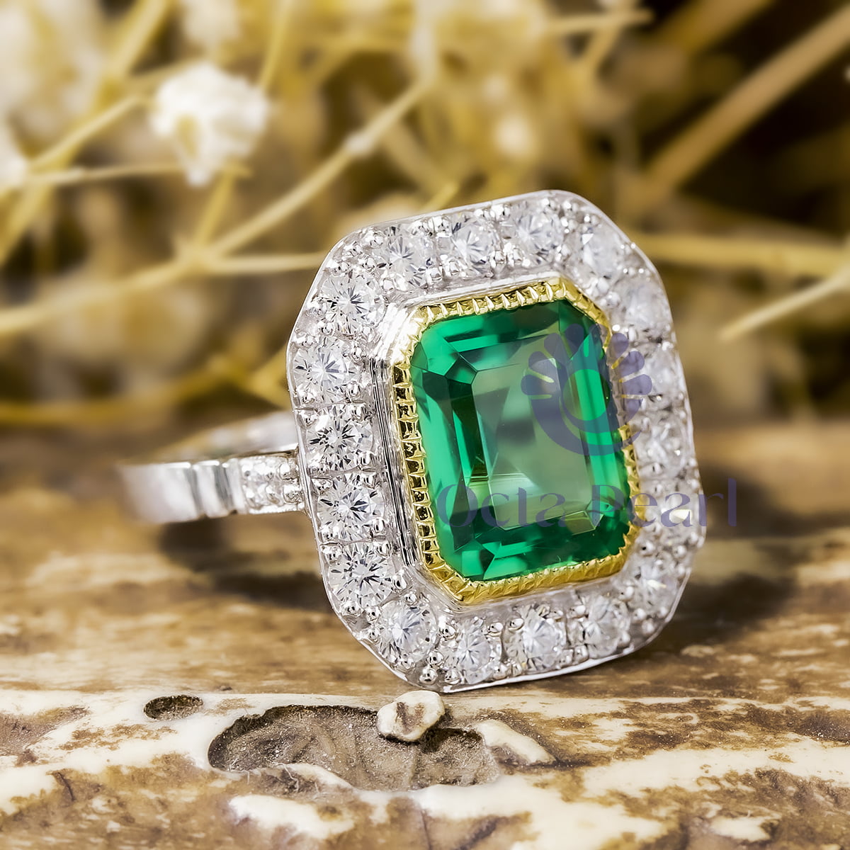 Green Emerald Cut CZ Stone Milgrain Bezel Set Halo Art Deco Wedding Ring ( 4 8/9 TCW )