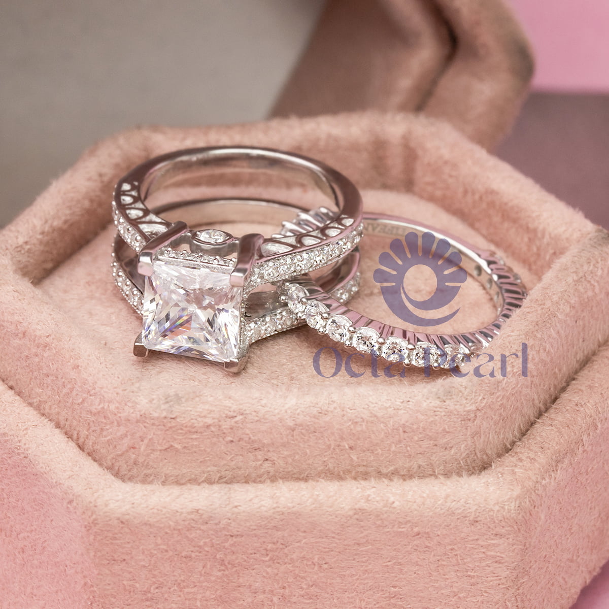 Princess & Round Cut Moissanite Enhancer Guard Ring Set For Wedding ( 4 2/3 TCW )