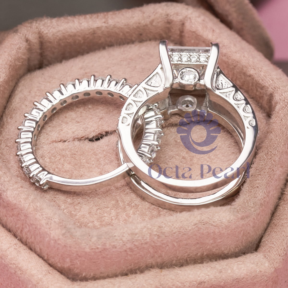 Princess & Round Cut Moissanite Enhancer Guard Ring Set For Wedding ( 4 2/3 TCW )