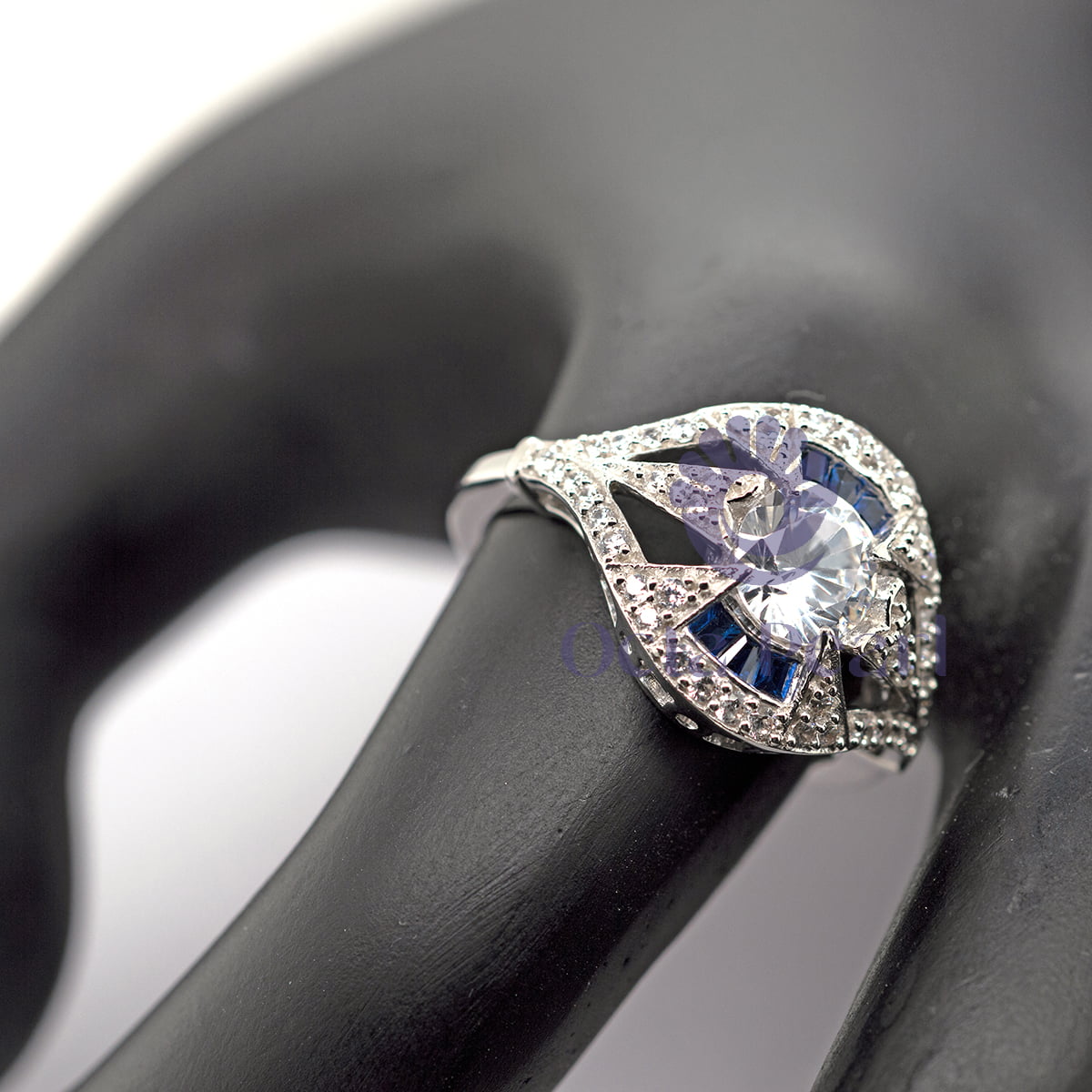 Vintage Style Blue Sapphire ring CZ Stone