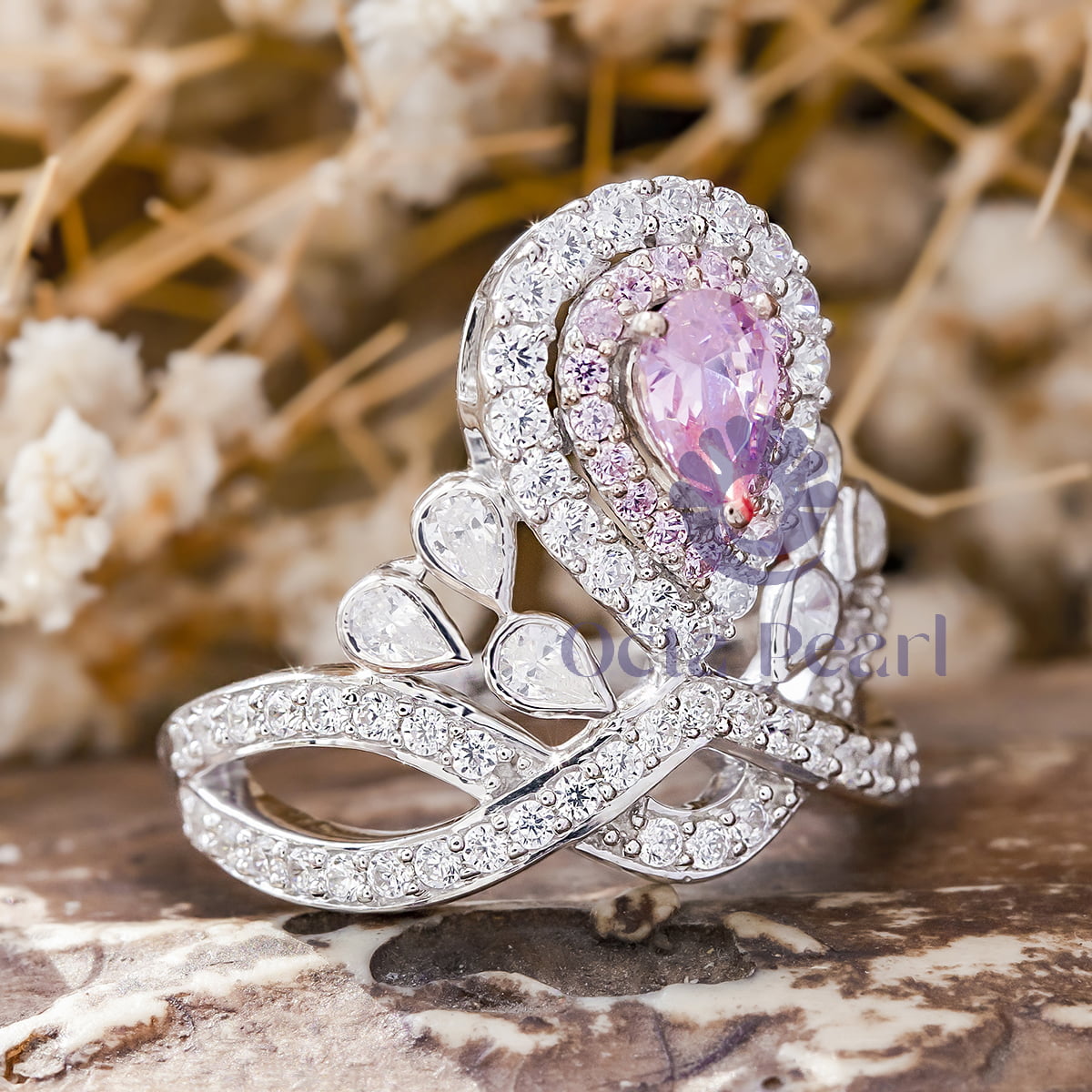 Pink Pear & White Round Cut CZ Stone Tiara Inspire Women's Ring For Birthday Gift