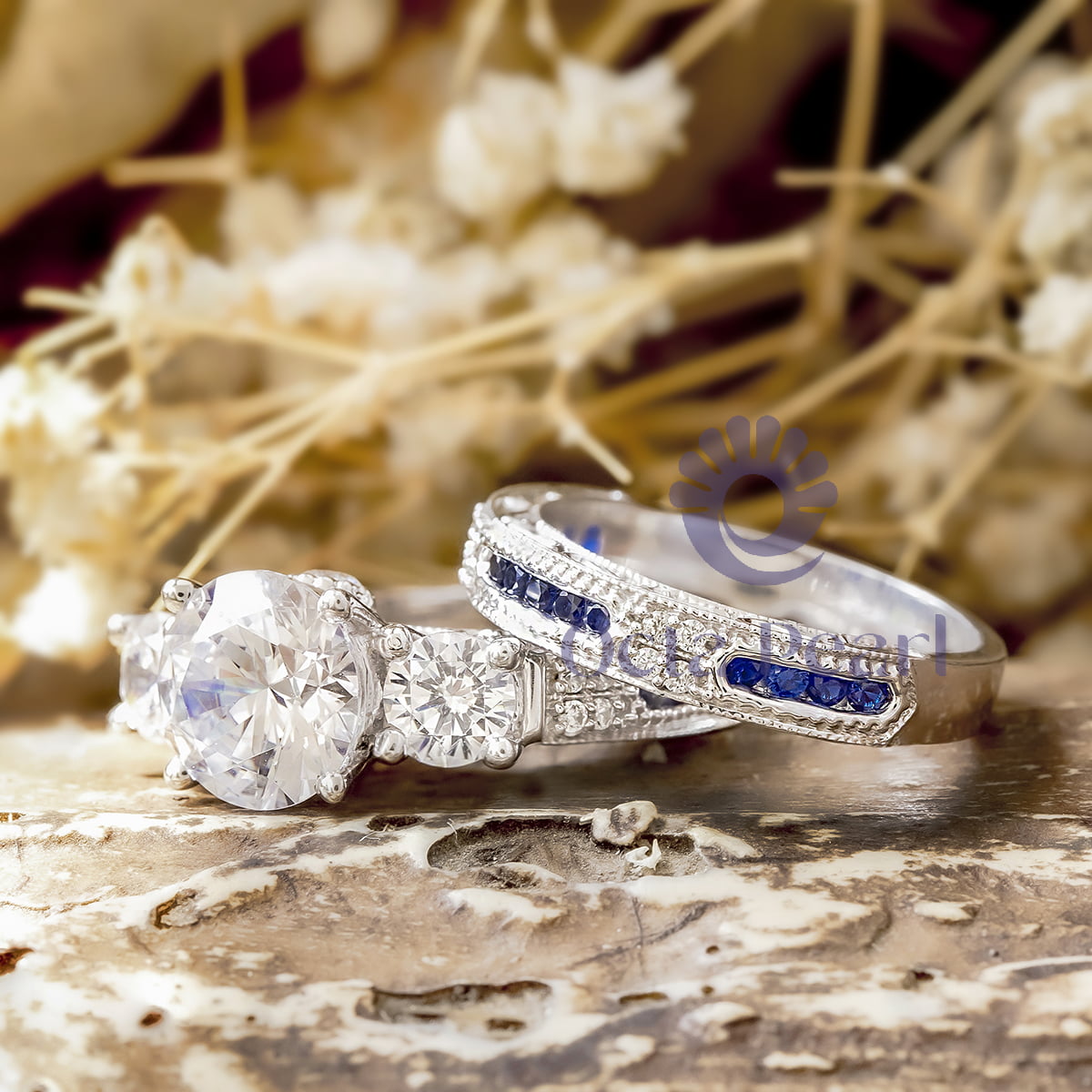White & Blue Sapphire Round Cut CZ Three Stone Milgrain Art Deco Bridal Ring Set ( 4 2/5 TCW )