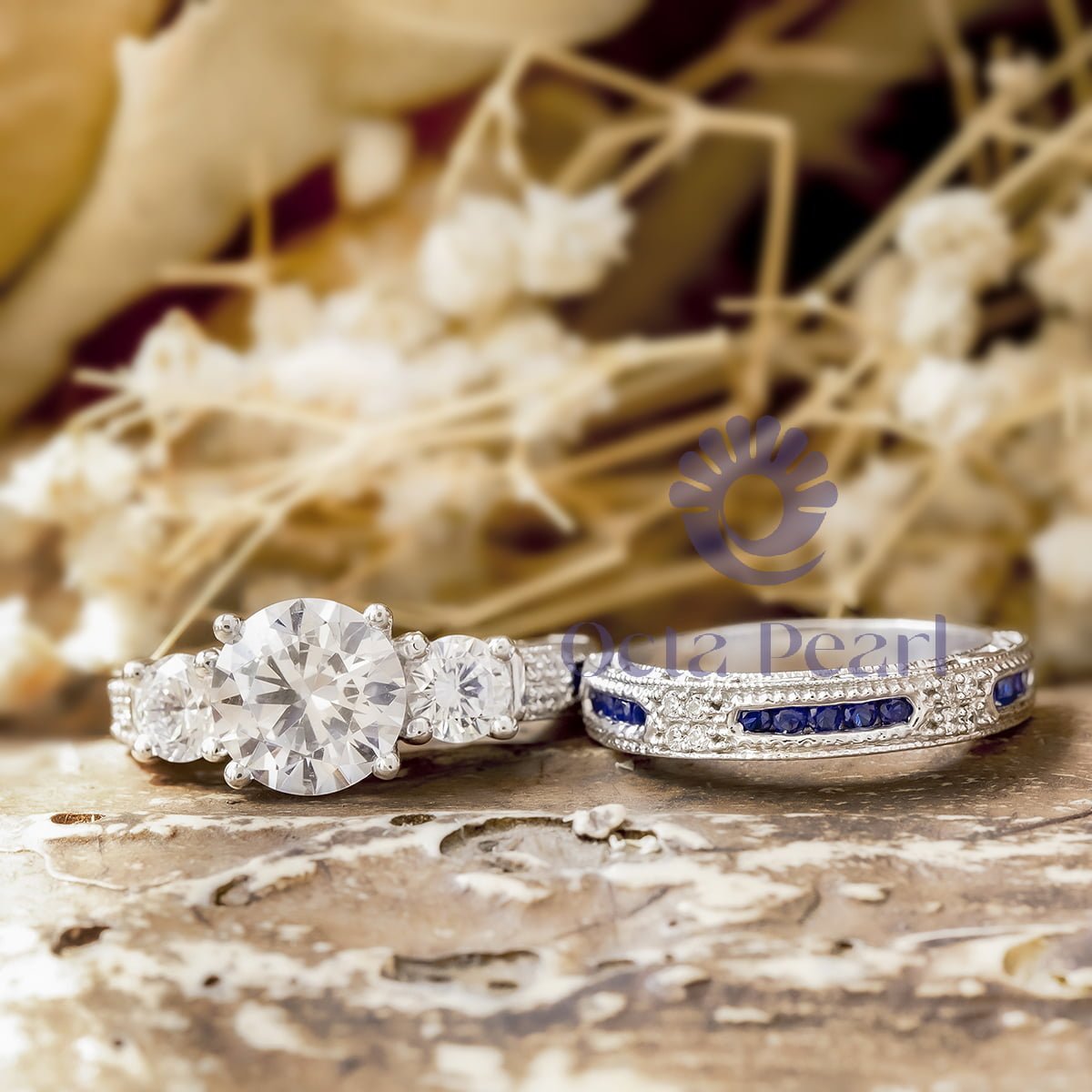 Art Deco Three-Stone Bridal Ring Set Milgrain in White & Blue Sapphire Round Cut CZ 