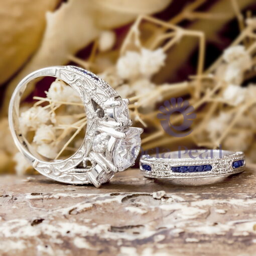 Art Deco Three-Stone Bridal Ring Set Milgrain