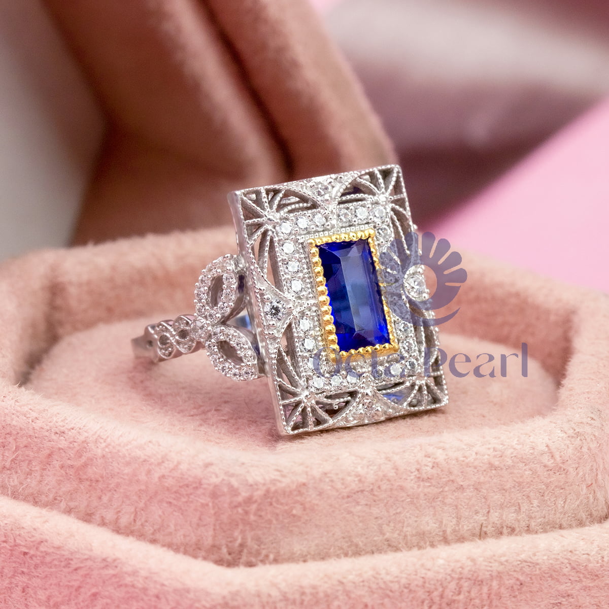 Blue Sapphire Baguette Cut CZ Stone Milgrain Openwork Art Deco Dinner Ring