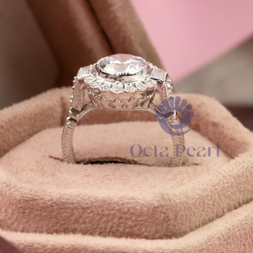 Round & Baguette Cut CZ Stone Bezel Set Art Deco Vintage Wedding Ring
