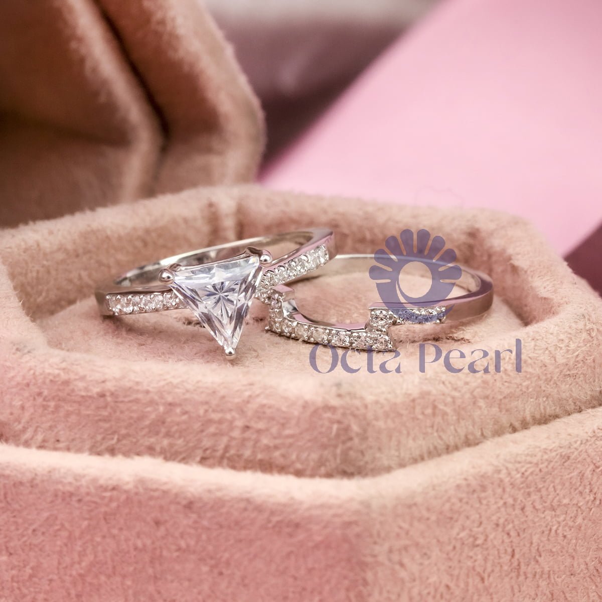 Triangle & Round Cut CZ Stone Curved Wedding Bridal Ring Set ( 1 1/3 TCW )