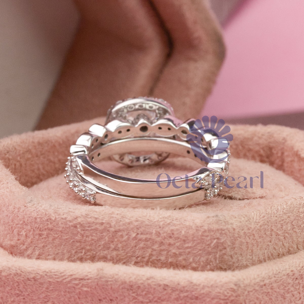 Colorless Cushion & Round Cut Moissanite Halo Bridal Engagement Ring Set ( 2 5/7 TCW )