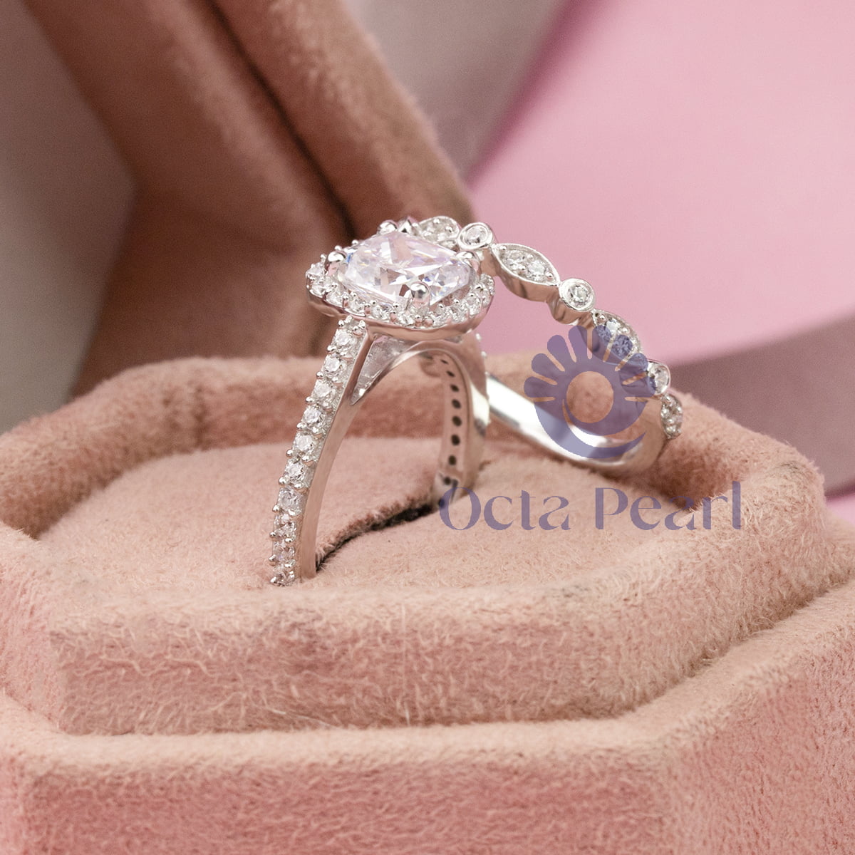 Colorless Cushion & Round Cut Moissanite Halo Bridal Engagement Ring Set ( 2 5/7 TCW )