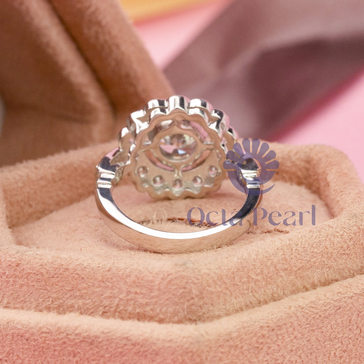 Round Cut Moissanite Milgrian Bezel Set Floral Halo Ring