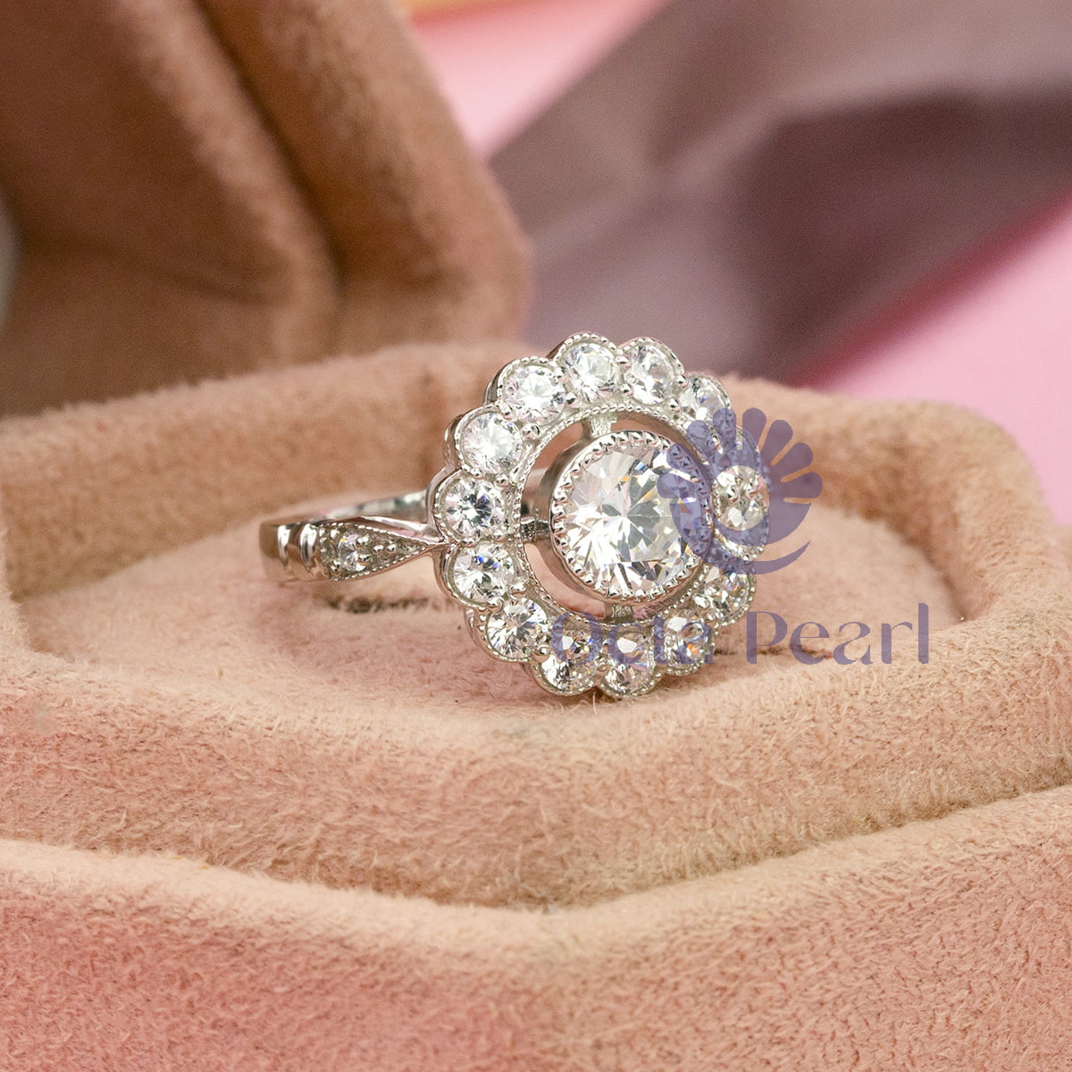 Round Moissanite Floral Halo Engagement Ring