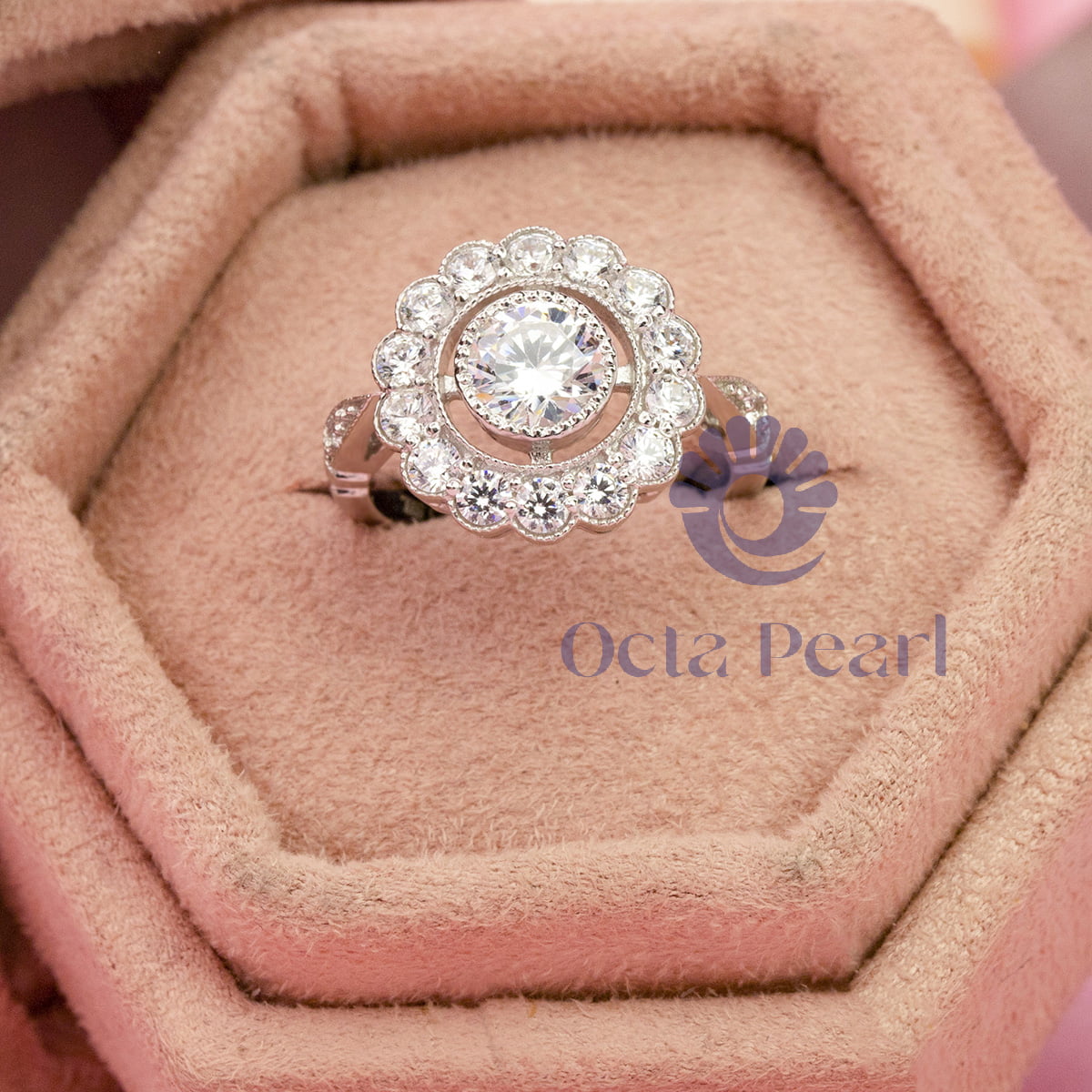 Round Moissanite Floral Halo Engagement Ring