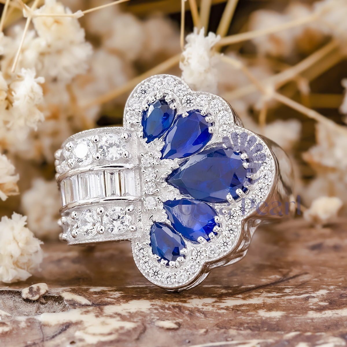 Blue Sapphire Victorian Peacock Feather Ring in Pear Cut CZ Stone