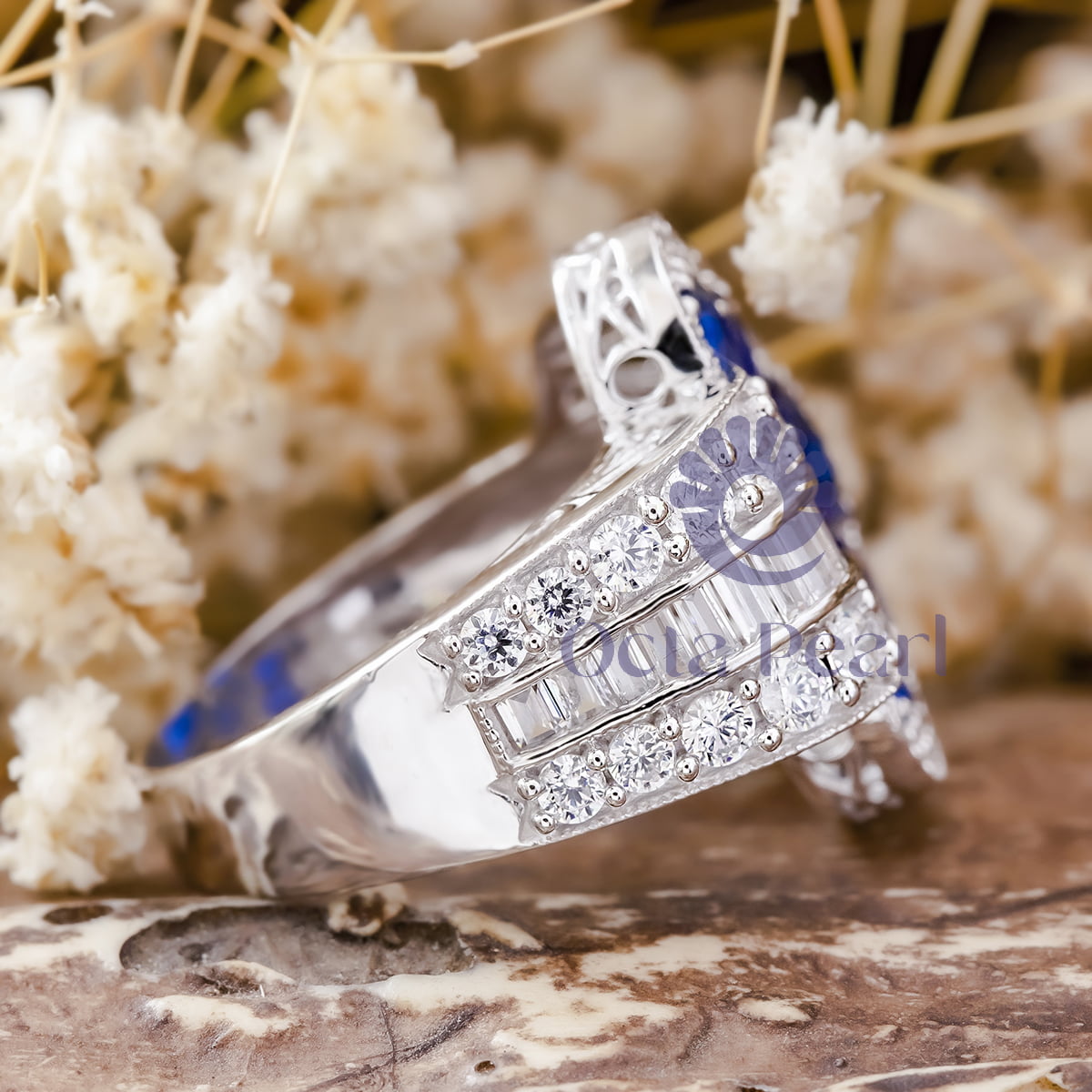 Blue Sapphire Pear Cut CZ Stone Victorian Peacock Feather Ring