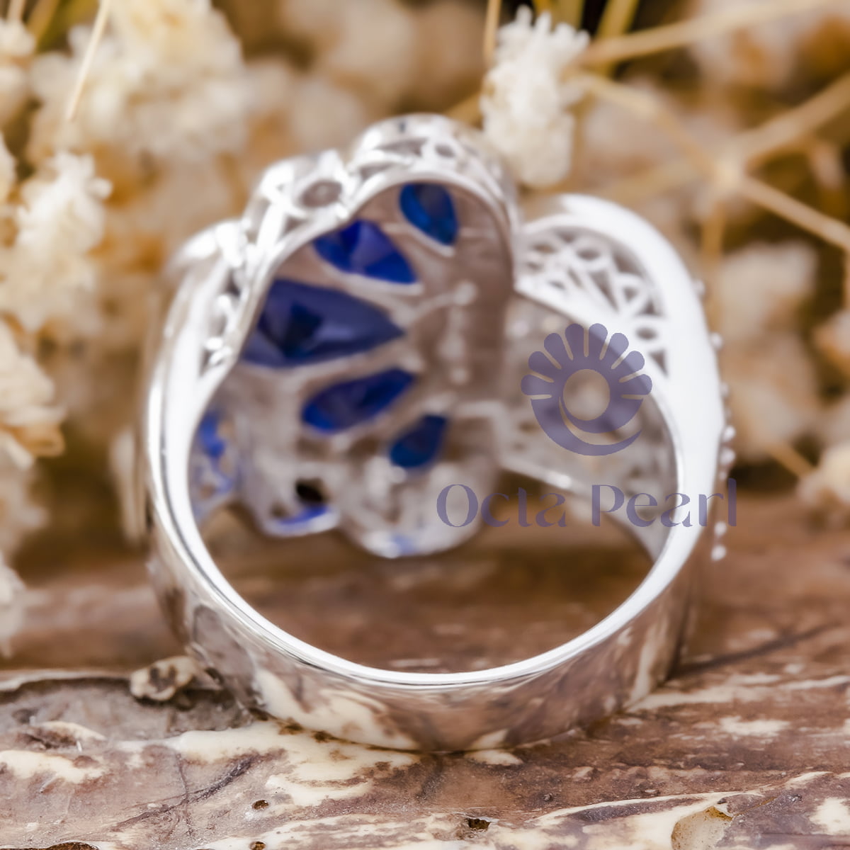 Blue Sapphire Victorian Peacock Feather Ring