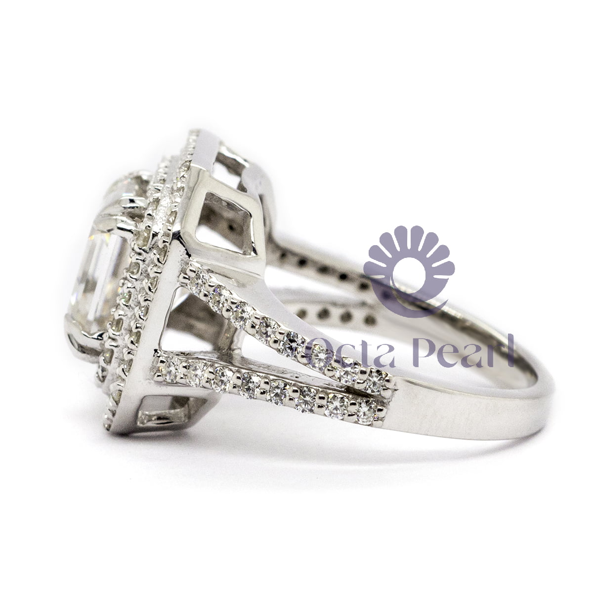 Double Halo-Split Shank Ring With Asscher Cut Moissanite