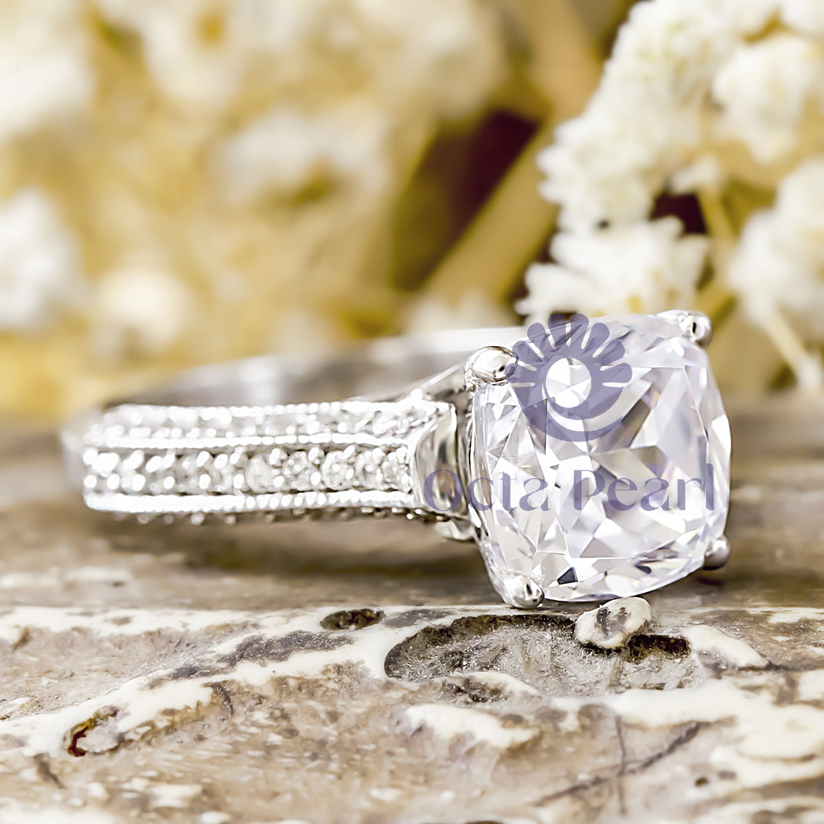 Cushion Cut Moissanite Cathedral Set Engagement Ring
