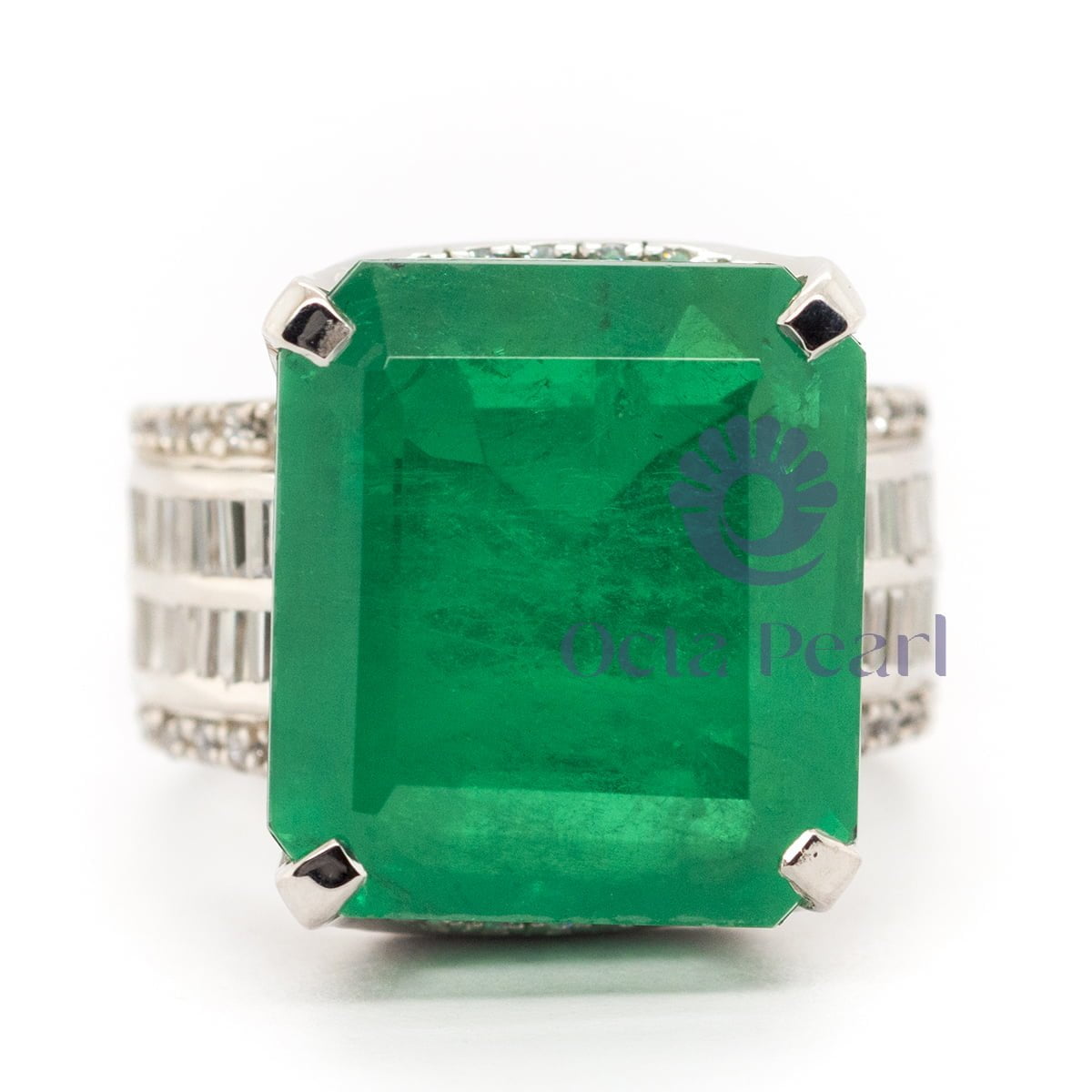 Green Emerald Cut Channel Setting Ring CZ