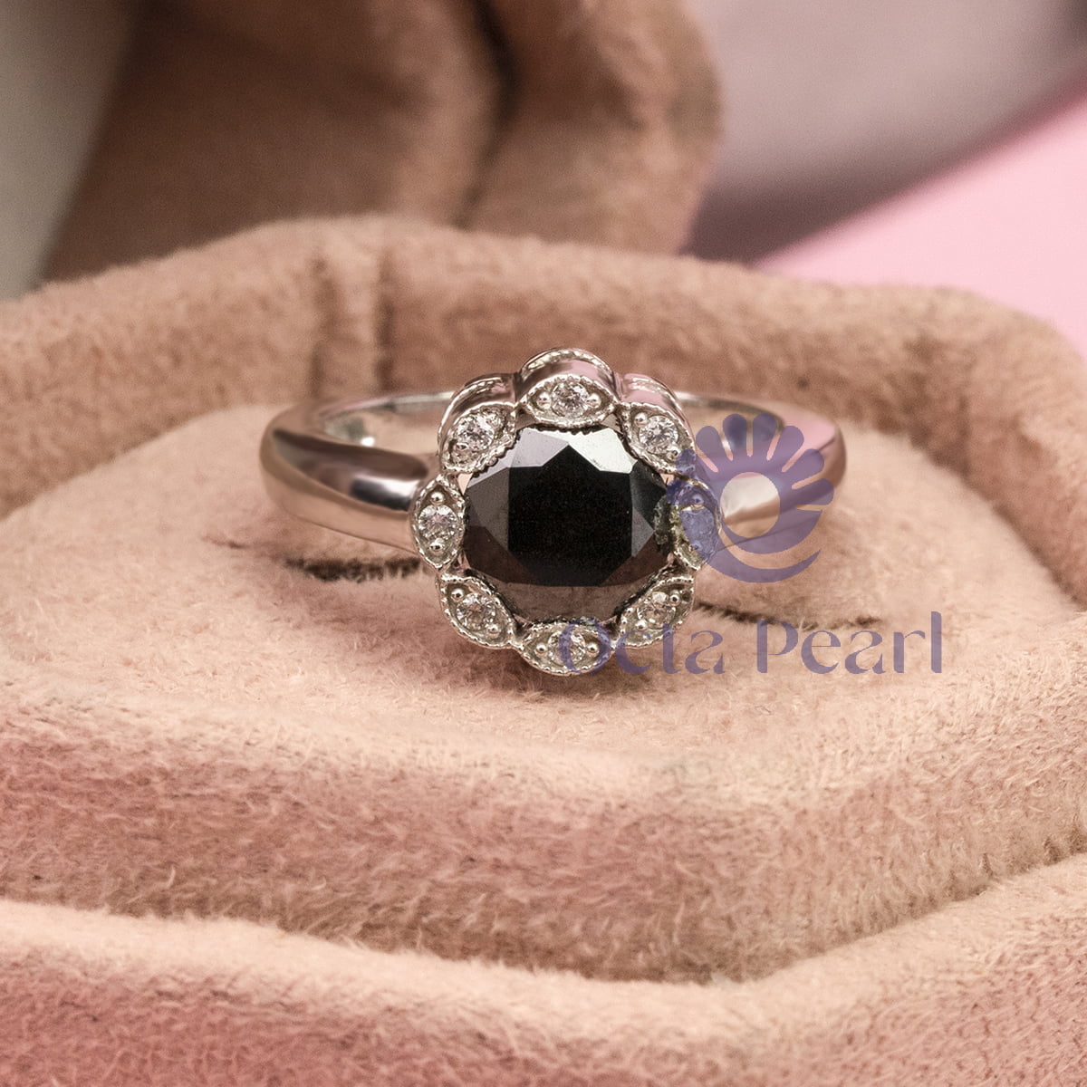 Round Cut CZ Stone Floral Motif Halo Ring
